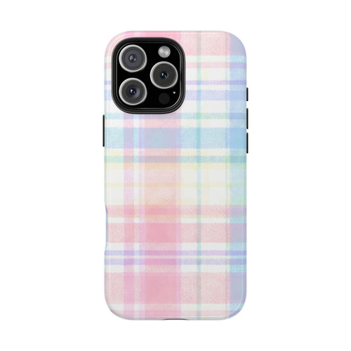 Rainbow pastel plaid phone case, flat back with camera openings