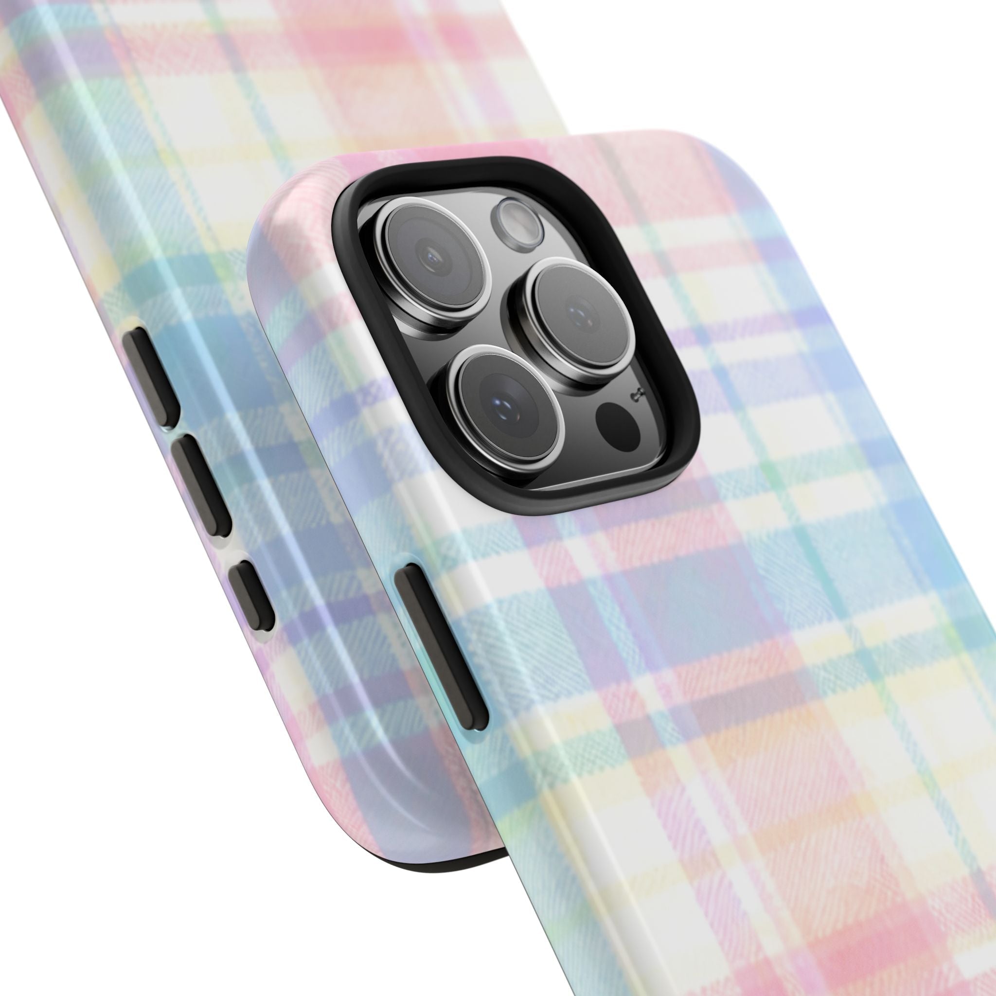 Pastel plaid phone case from the side with raised camera bump