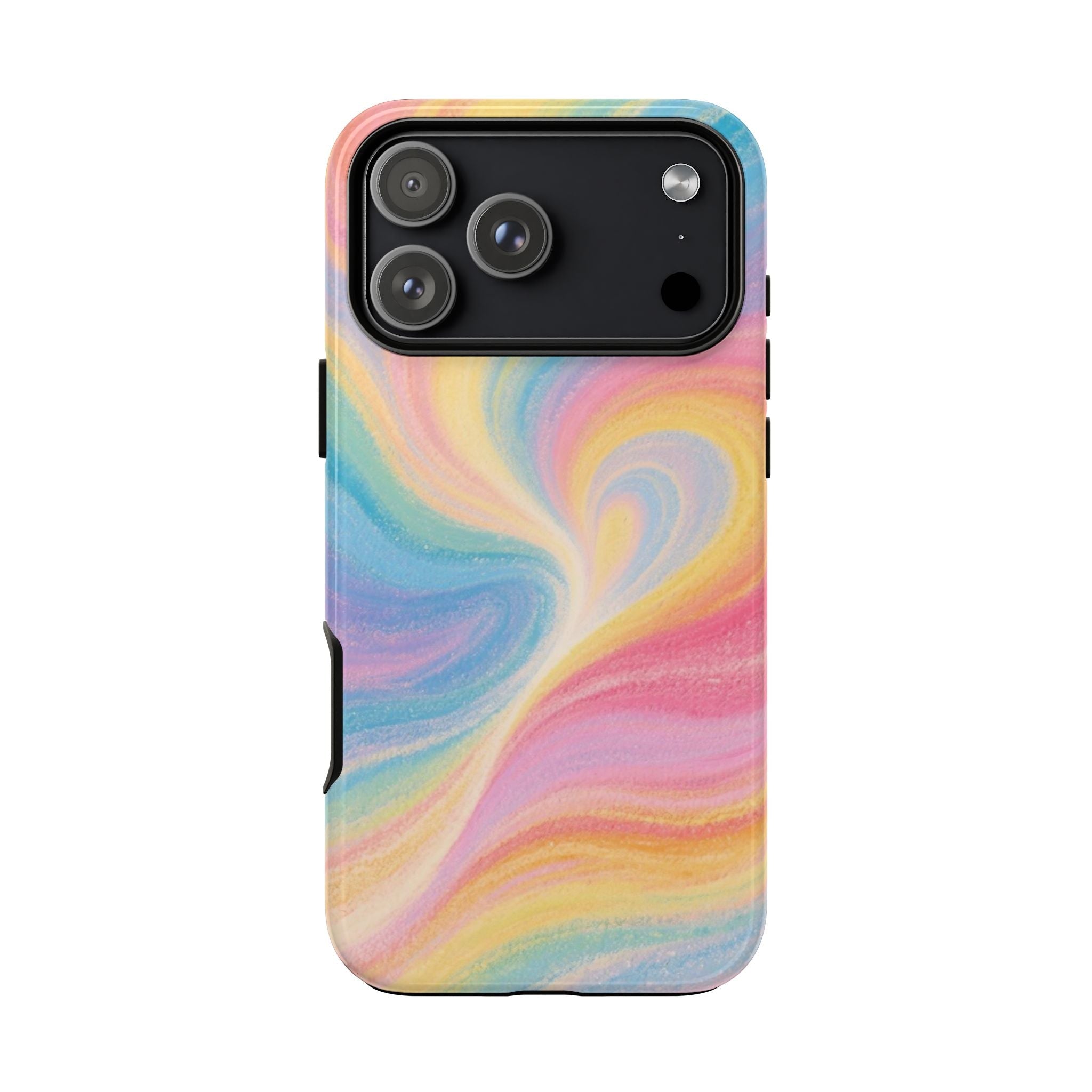 Pastel rainbow swirl phone case back with black camera area and side button cutouts