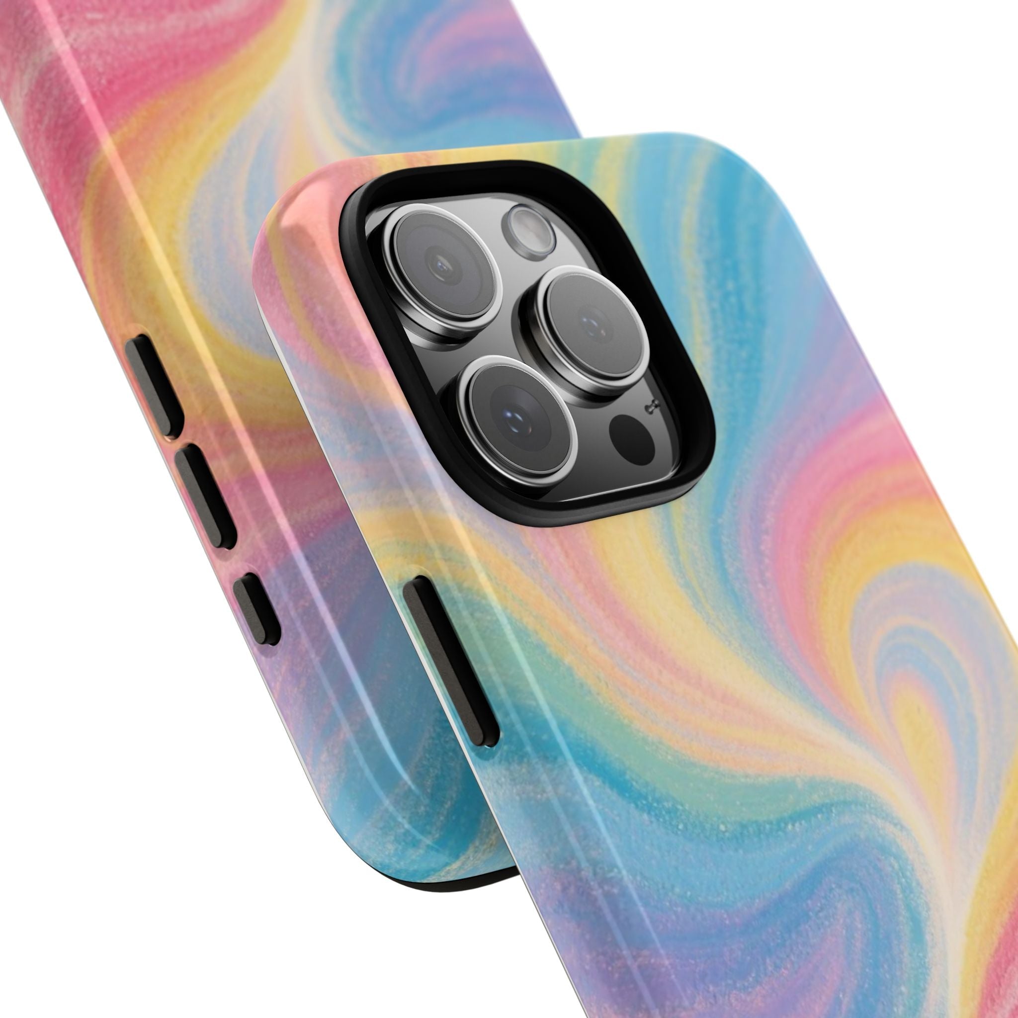 Rainbow swirl phone case angled view with pastel pink, blue, and yellow swirls; camera lenses