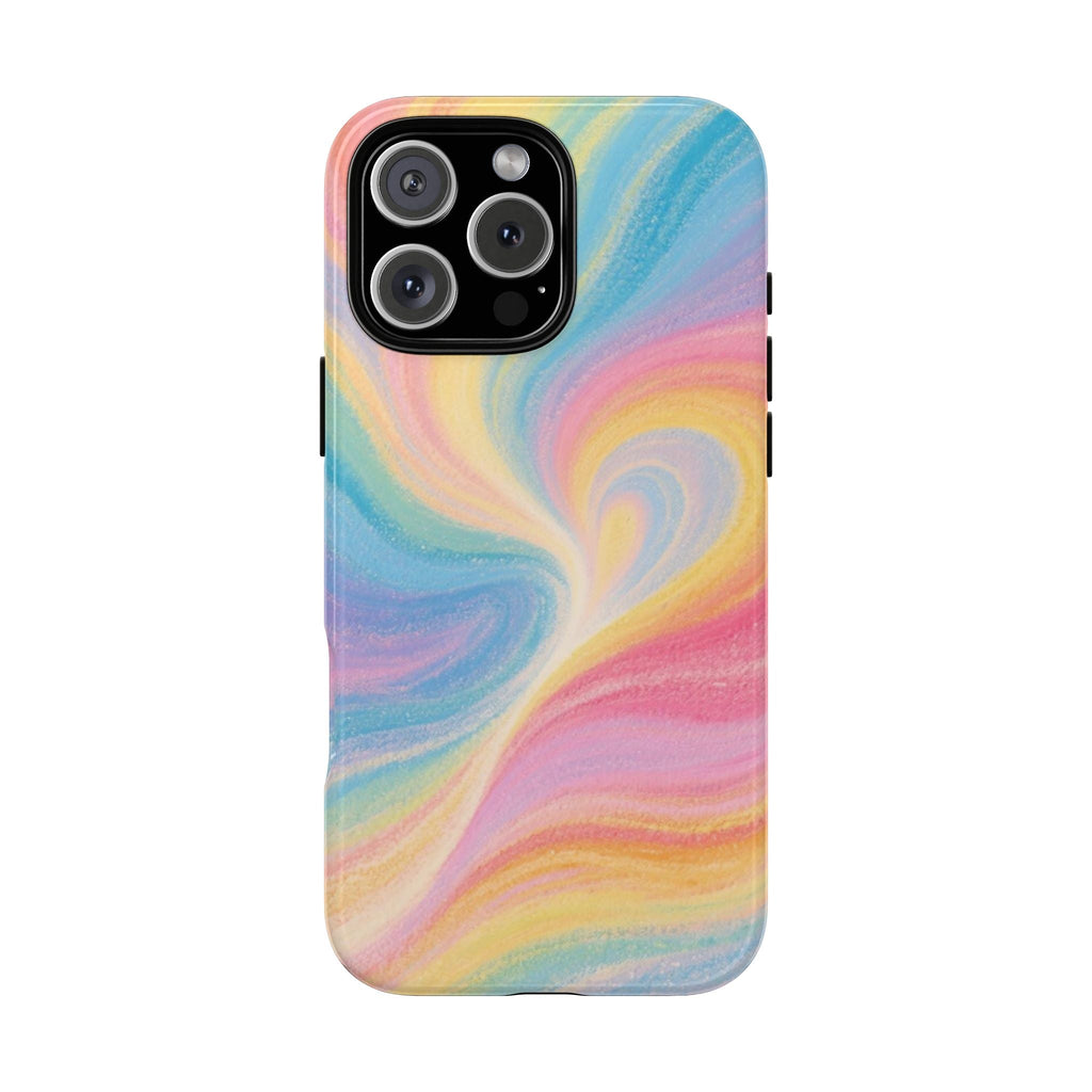 Rainbow swirl phone case with pastel pink, yellow, and blue pattern; camera cutouts