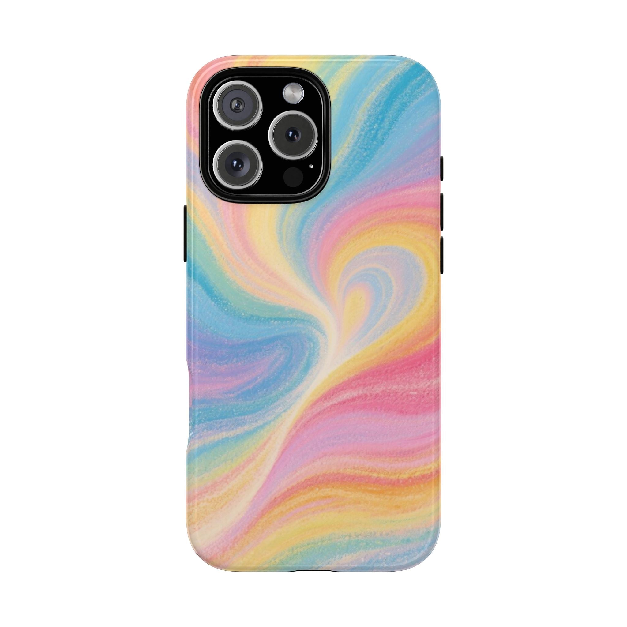Rainbow swirl phone case with pastel pink, yellow, and blue pattern; camera cutouts