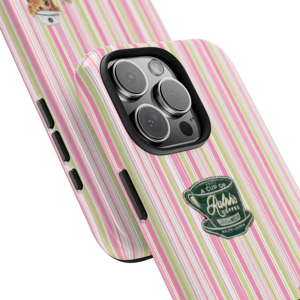 Pastel striped phone case corner with barista badge and camera-lens cutout rings