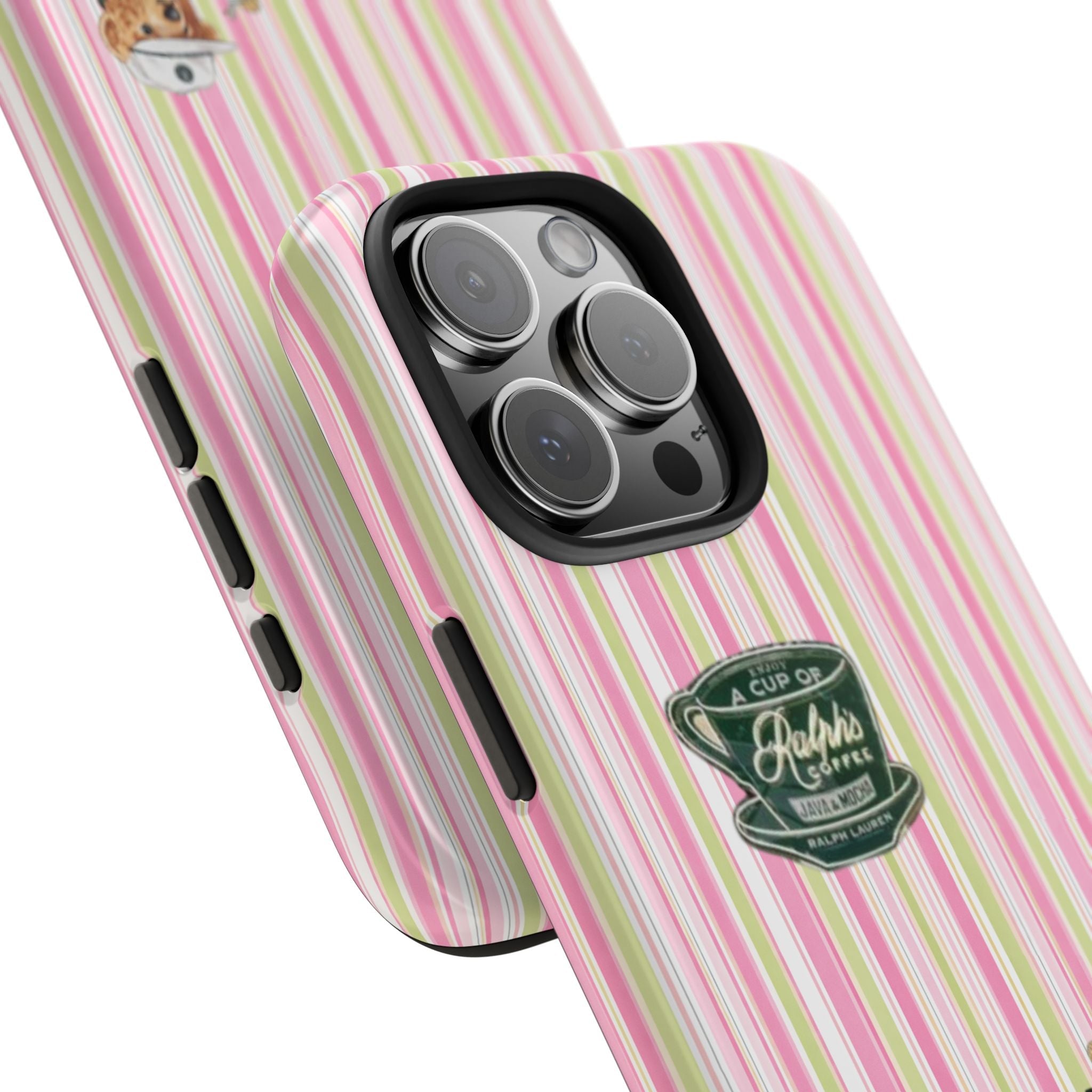 Pastel striped phone case corner with barista badge and camera-lens cutout rings