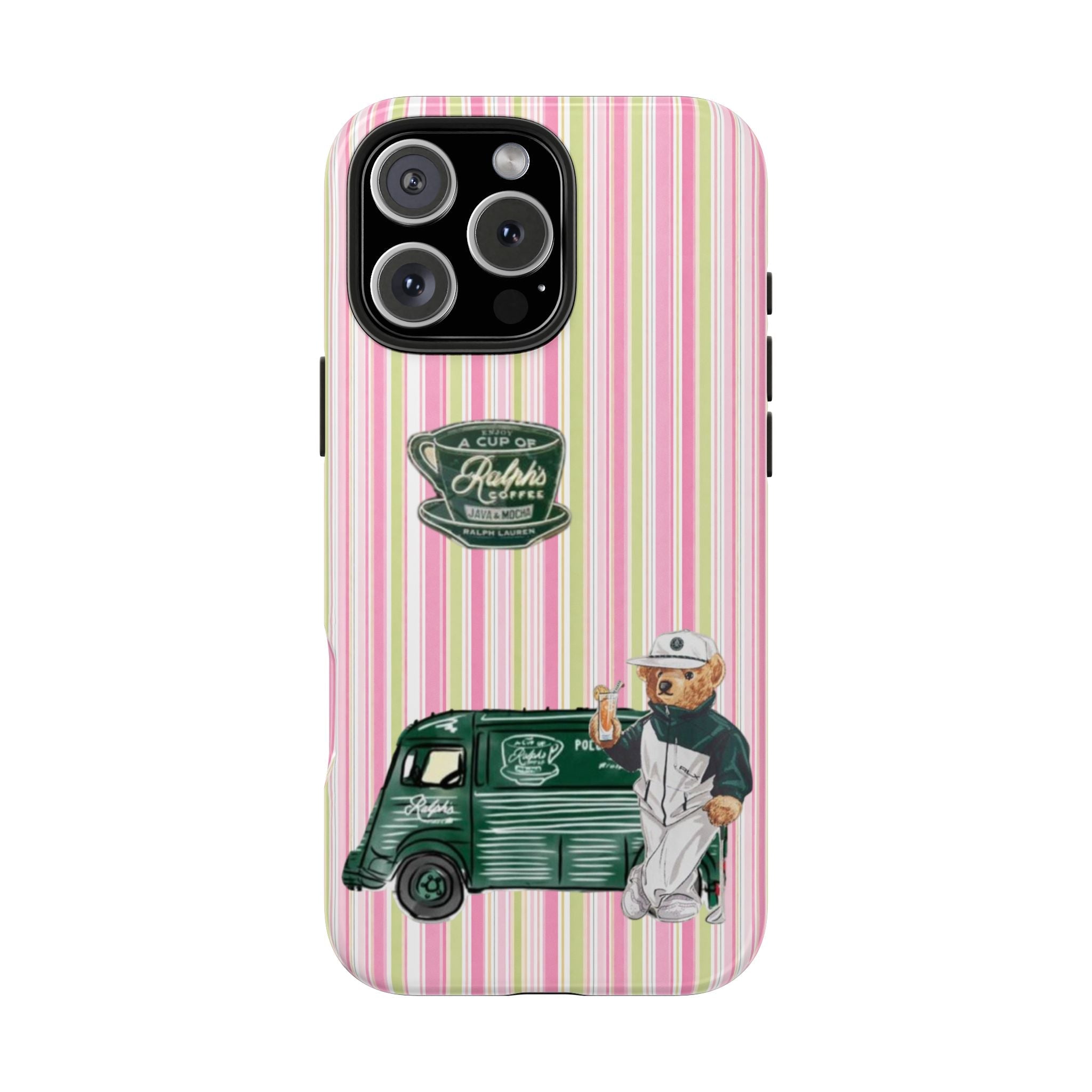 Pastel vertical stripe phone case with barista bear graphic and green coffee truck
