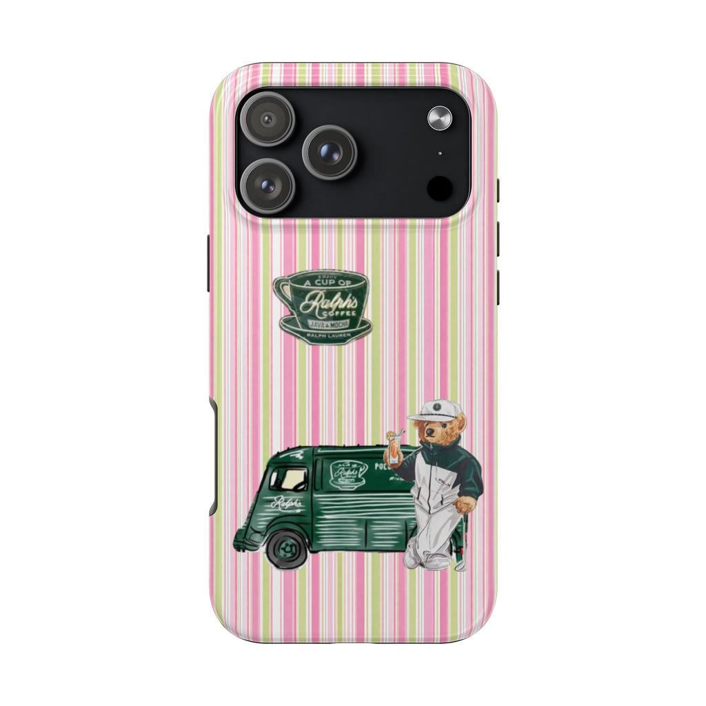 Striped phone case with coffee cup emblem and barista bear next to green truck
