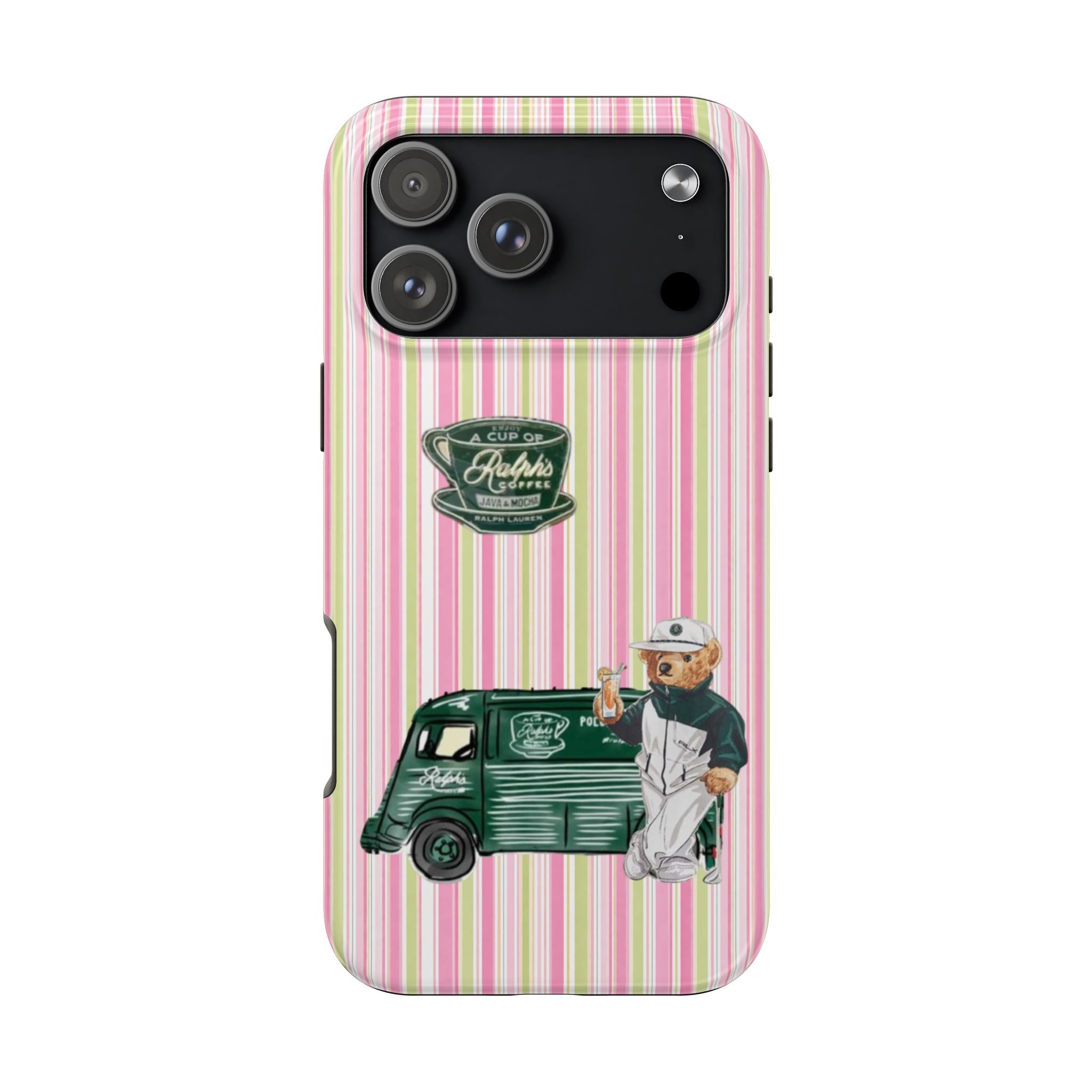 Striped phone case with coffee cup emblem and barista bear next to green truck