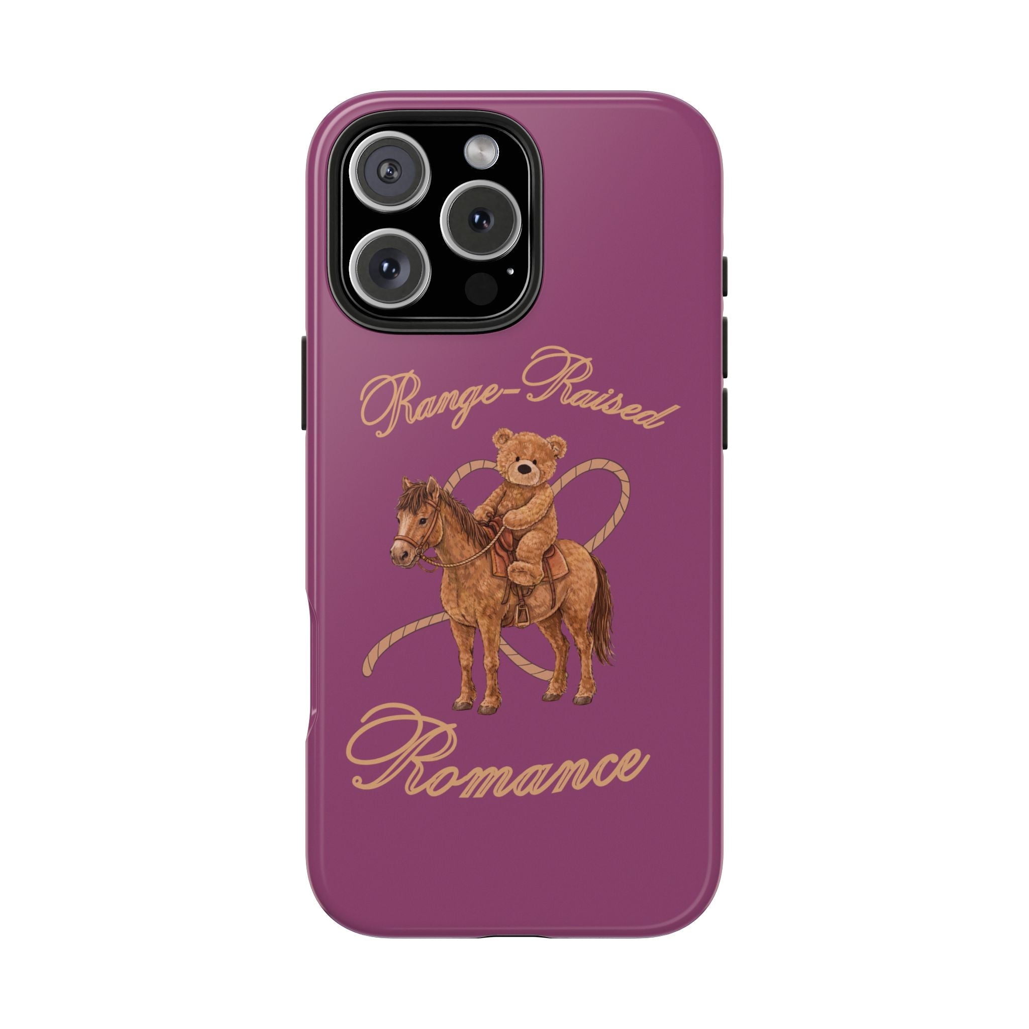 Purple teddy bear phone case on horseback, 'Range-Raised Romance' text