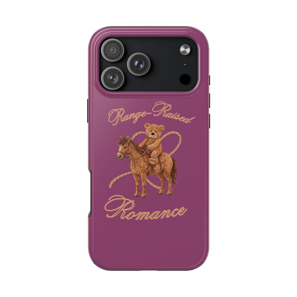 Back of purple phone case with teddy bear on horse and 'Range-Raised Romance' text