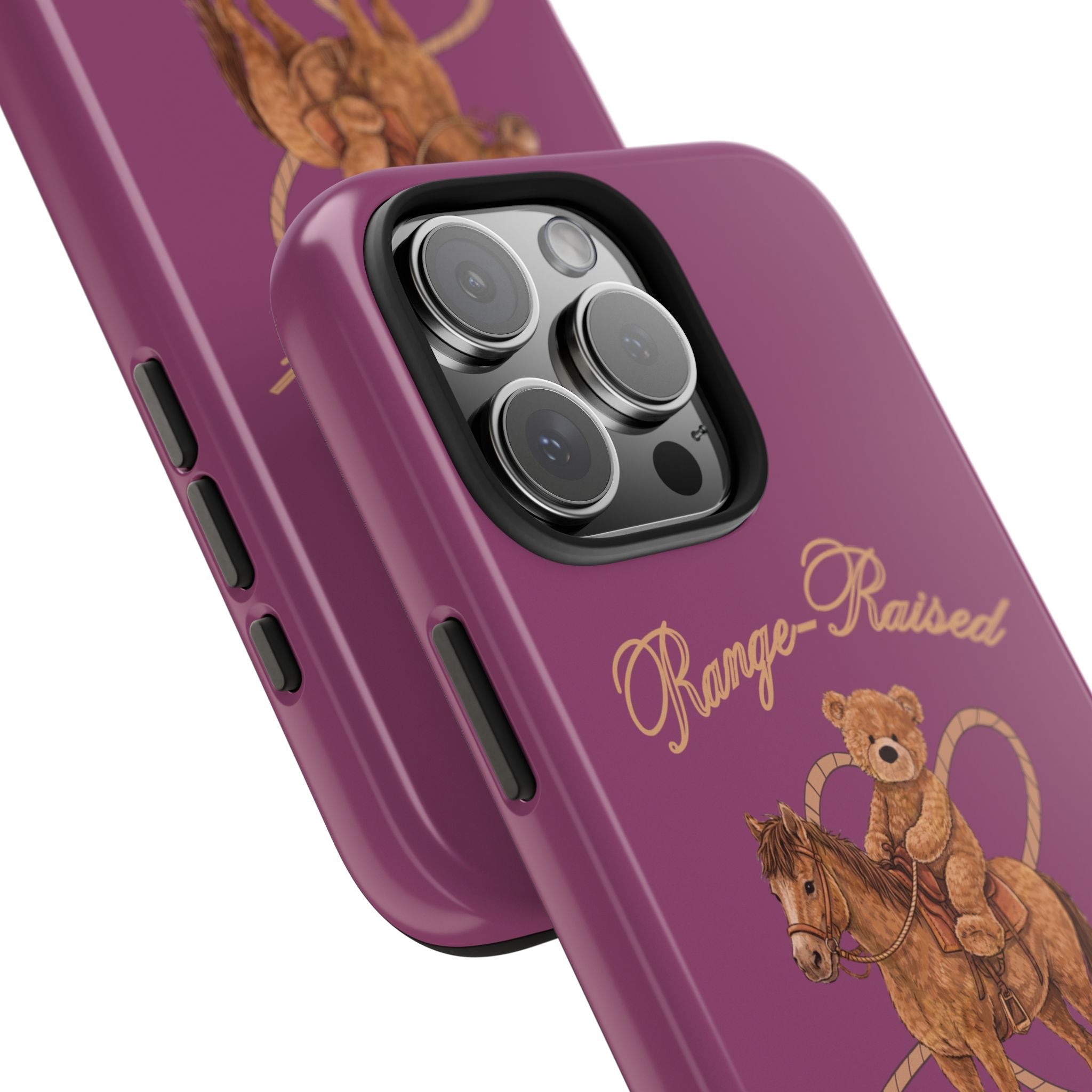 Close-up purple phone case: teddy bear on horseback with camera cutouts and buttons