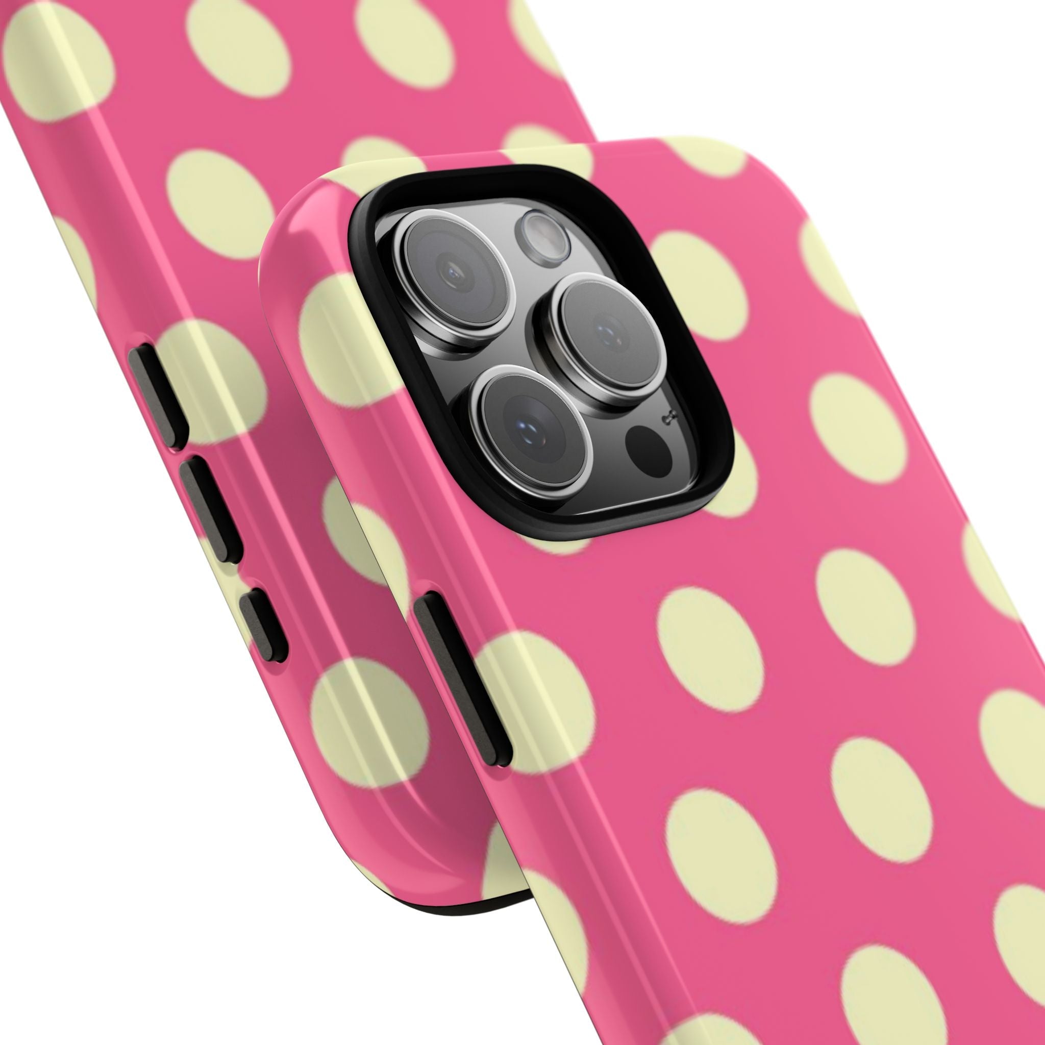 Raspberry pink polka dot phone case, slim side buttons and raised camera cover