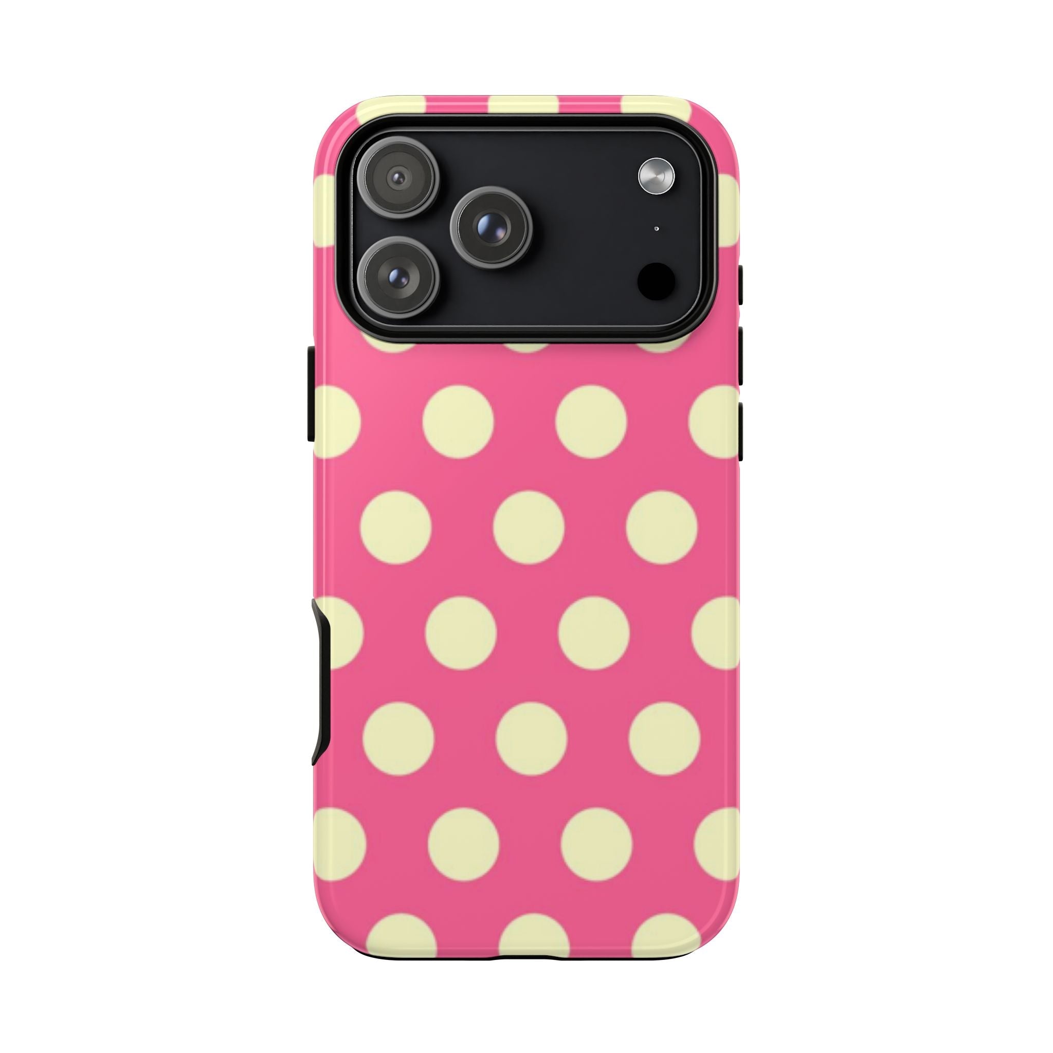 Raspberry pink polka dot phone case with pale yellow circles and black lens panel
