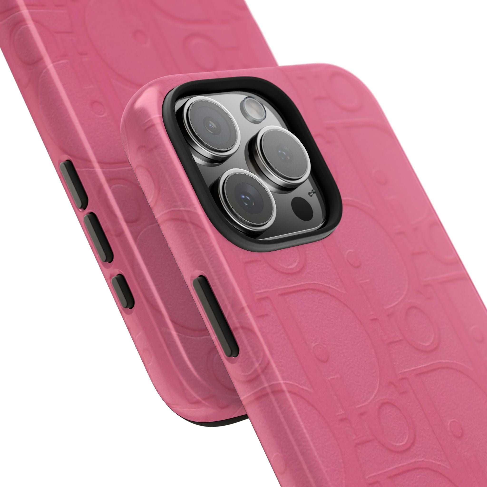 Raspberry embossed Dior phone case with camera cutout and side button openings