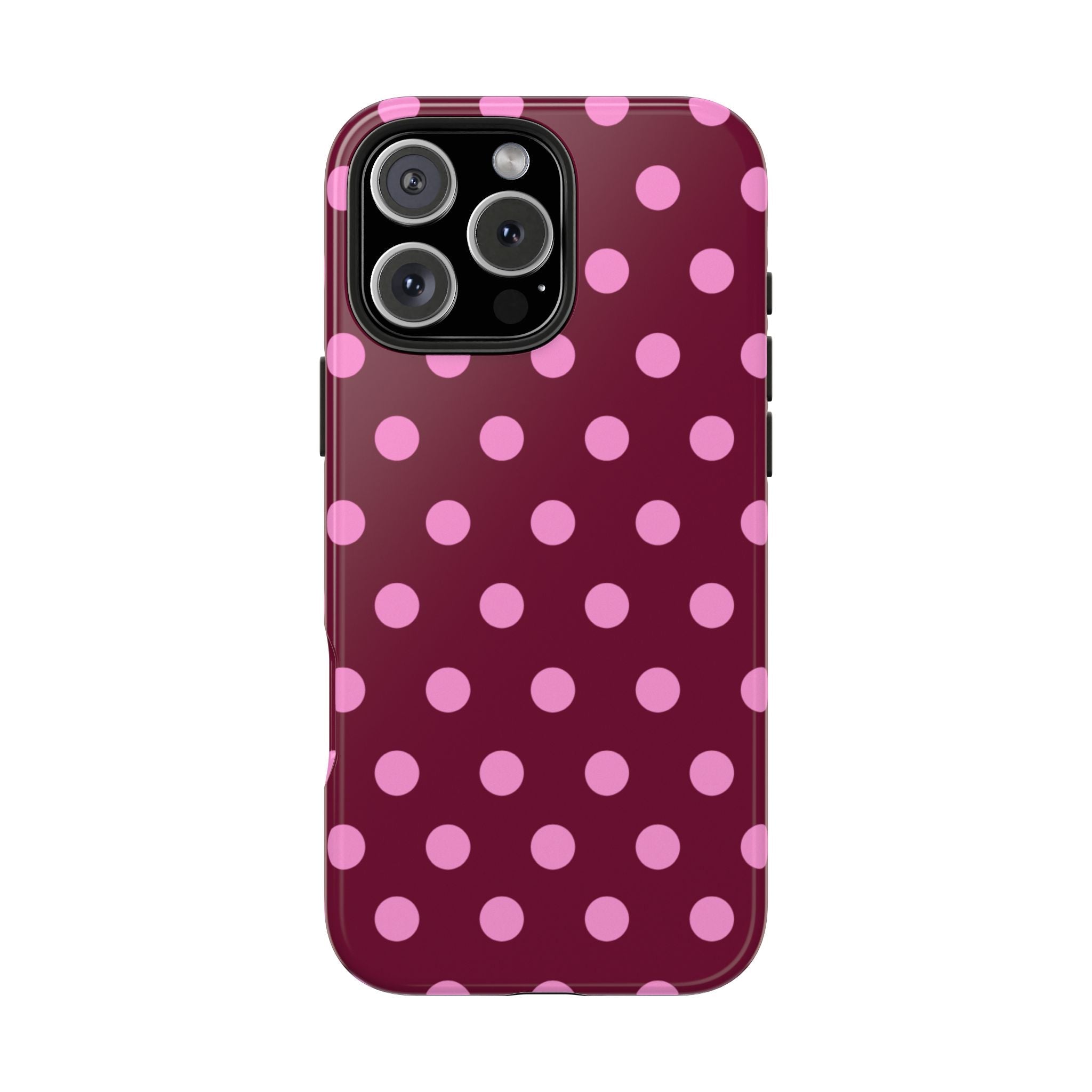 Raspberry pink phone case with light pink polka dots and raised camera cutout