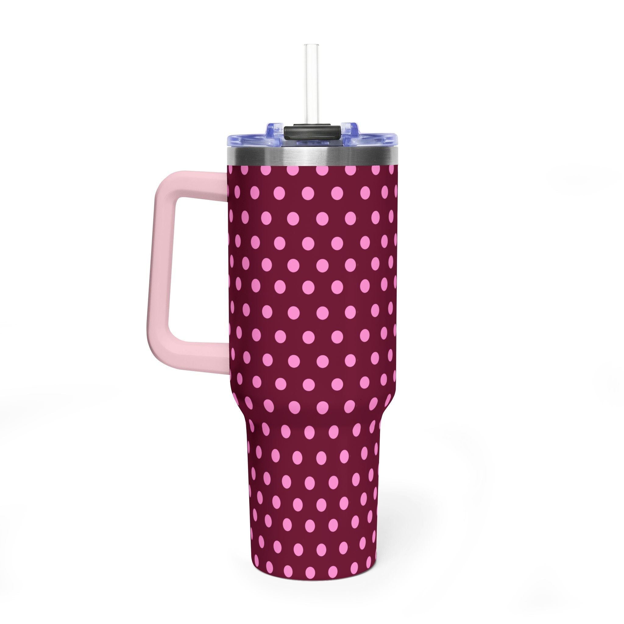 40oz raspberry polka dot stainless tumbler with clear straw and side carrying handle
