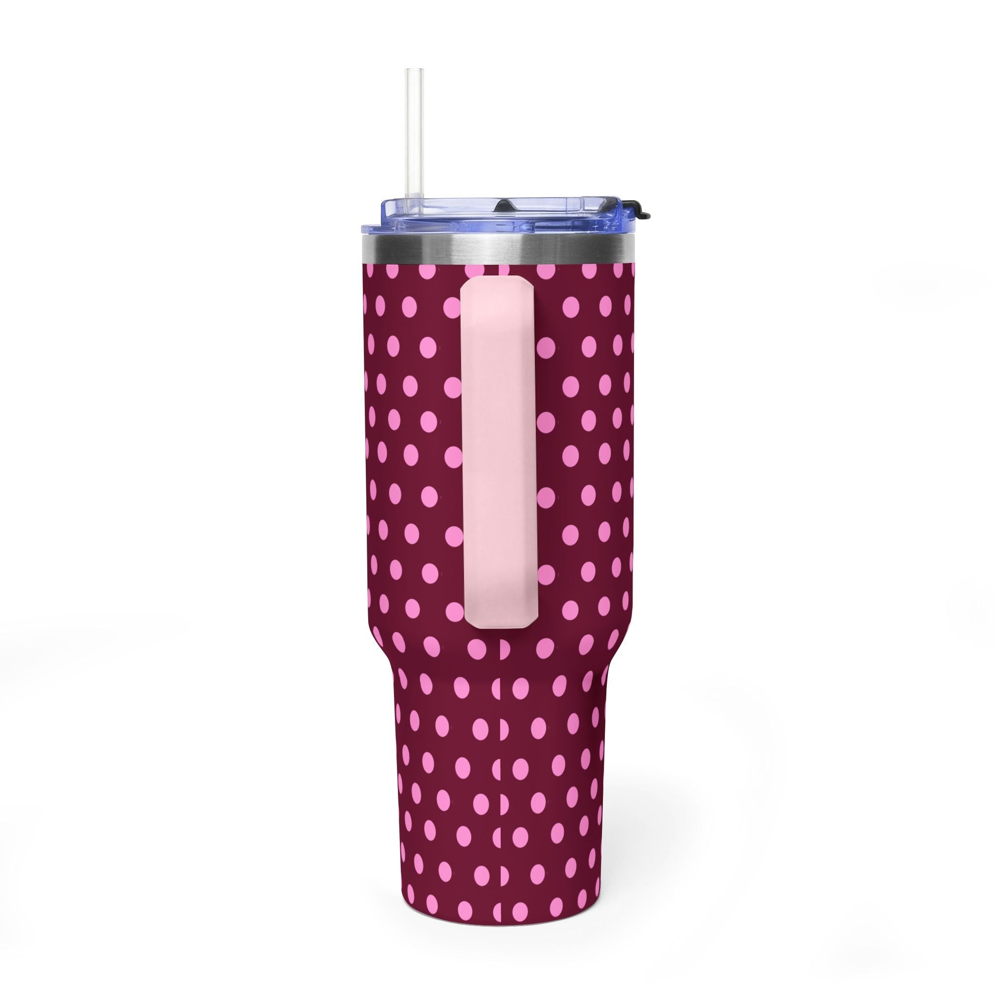 40oz raspberry polka dot stainless tumbler with clear straw lid