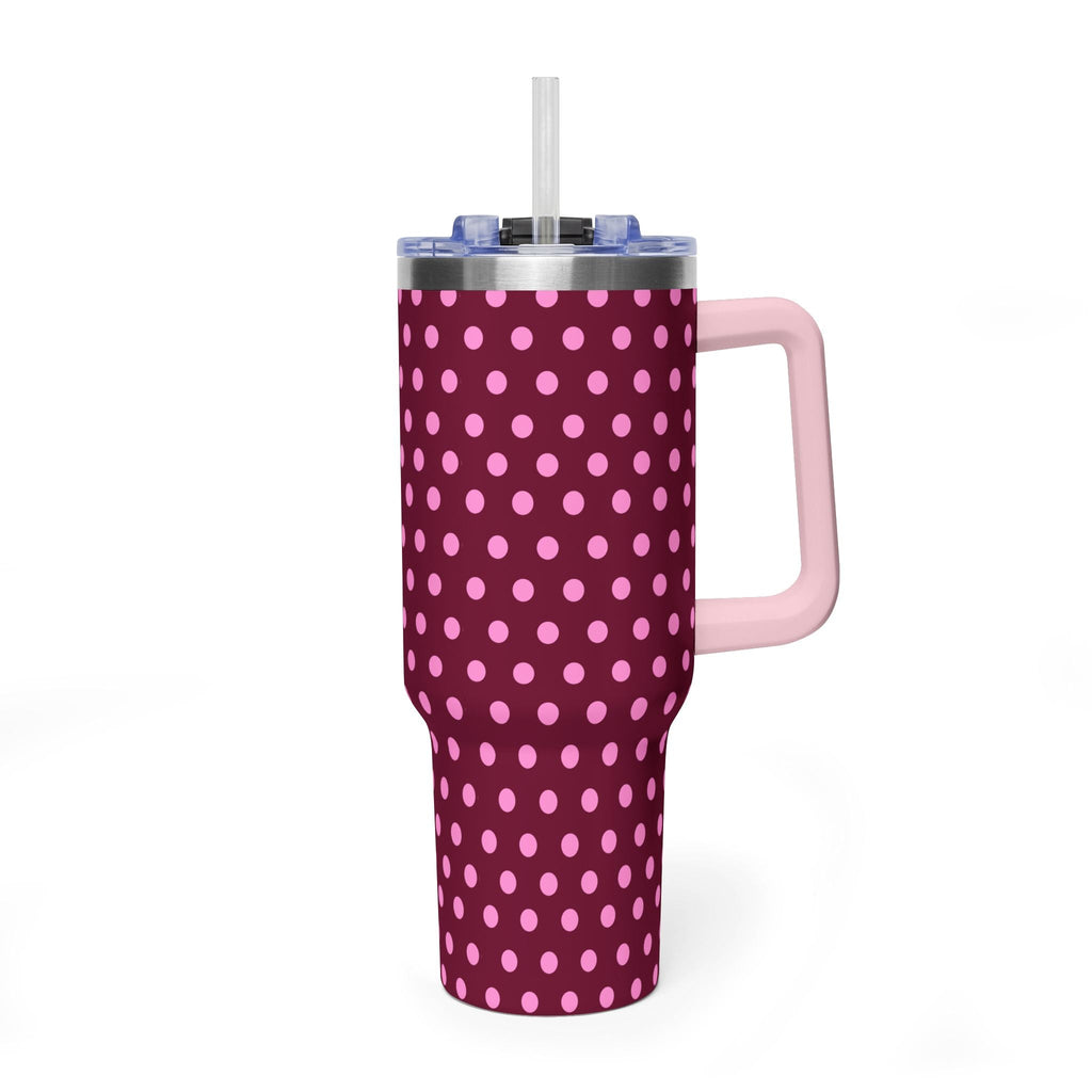 40oz raspberry polka dot stainless tumbler with clear straw and pink handle