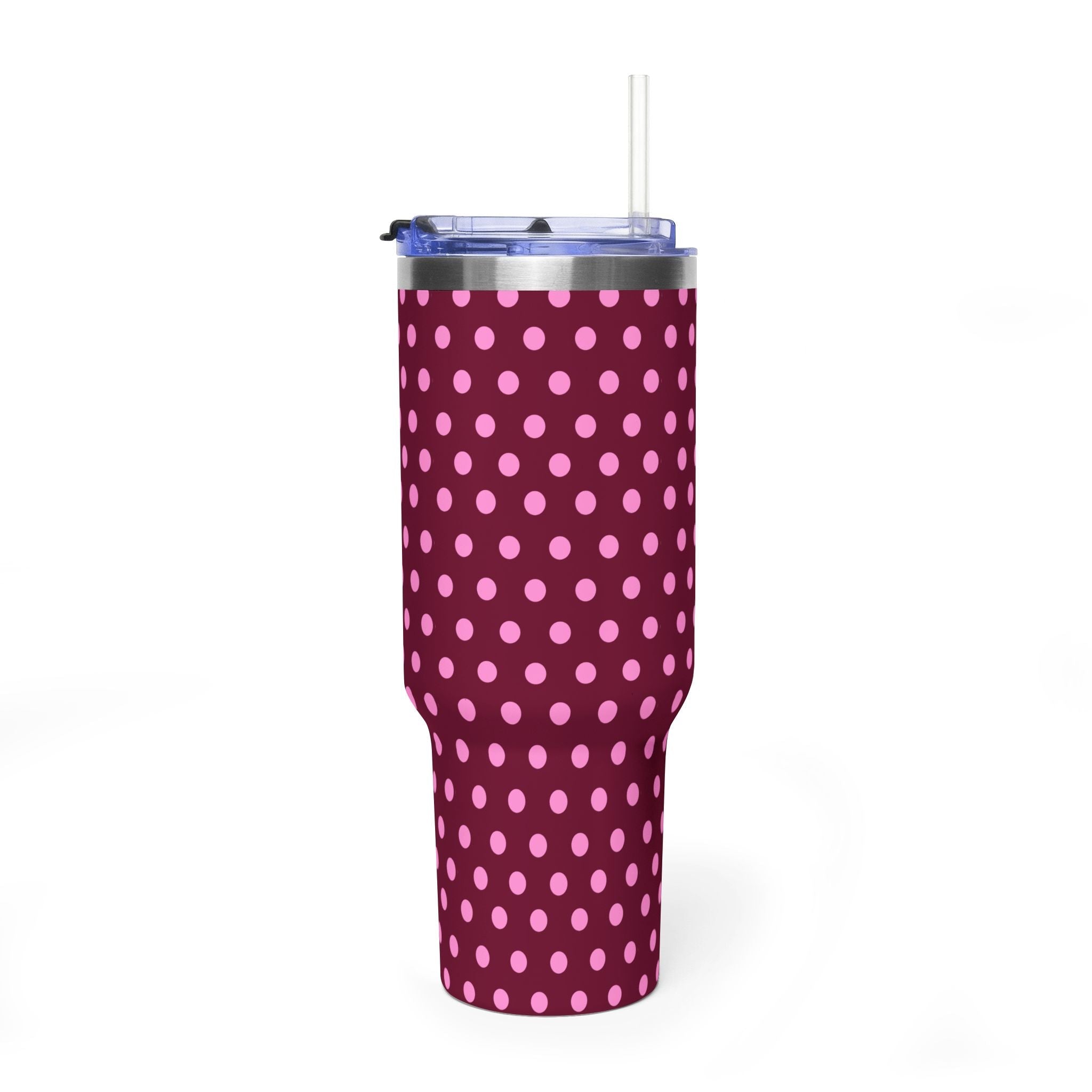 40oz raspberry polka dot stainless tumbler with clear lid and drinking straw