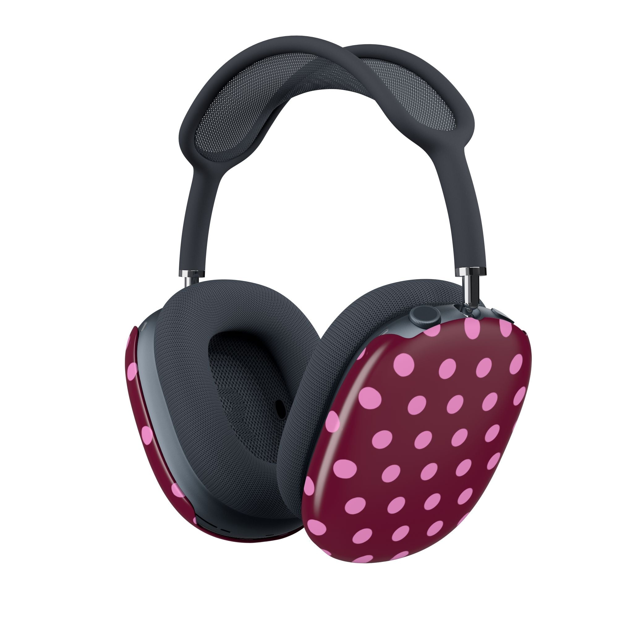 AirPods Max ear cup covers, raspberry with pink polka dots.