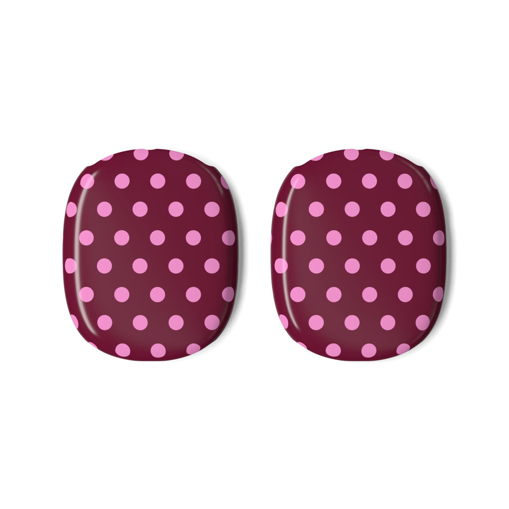 AirPods Max ear cup covers, two pieces, raspberry with pink polka dot pattern.