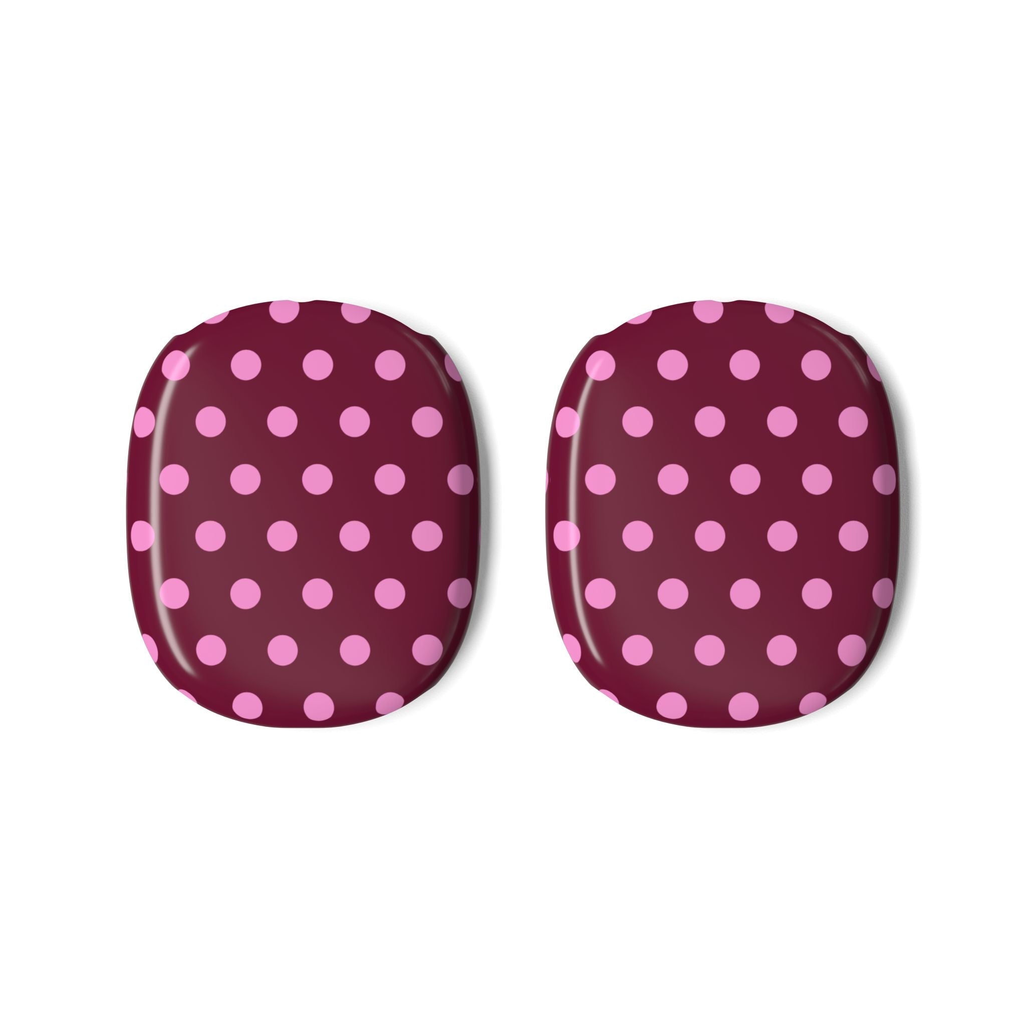 AirPods Max ear cup covers, two pieces, raspberry with pink polka dot pattern.