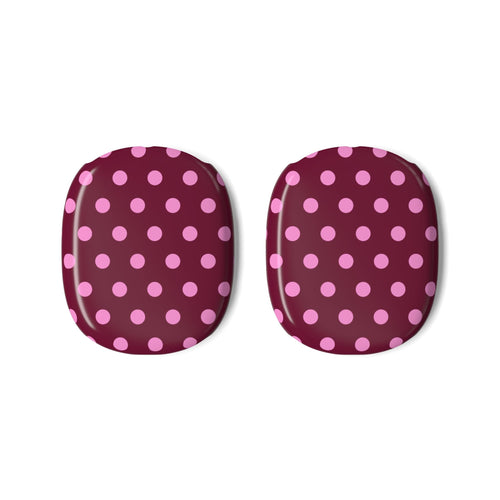 AirPods Max ear cup covers, two pieces, raspberry with pink polka dot pattern.