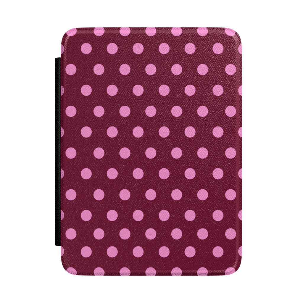 Kindle hardcover case with raspberry maroon fabric and pink polka-dot pattern, black side