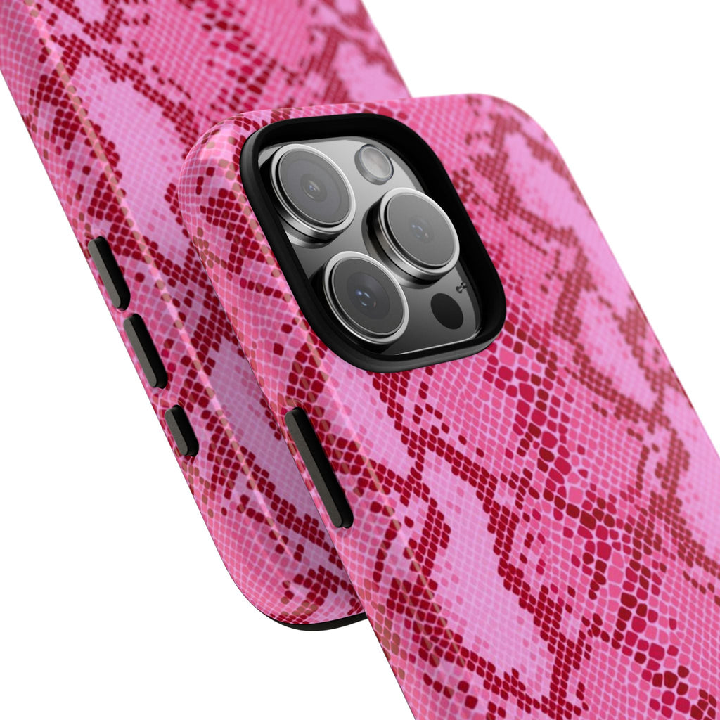 Raspberry python snake print phone case with side cutouts and camera lens protection