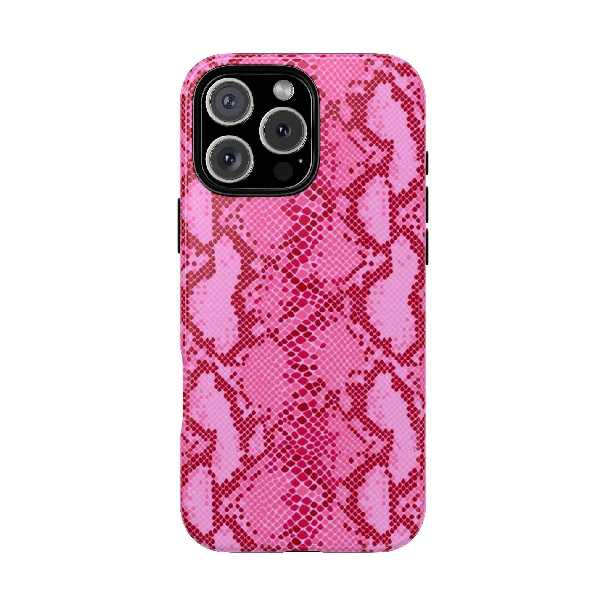 Raspberry python snake print phone case with camera cutouts, pink and black pattern