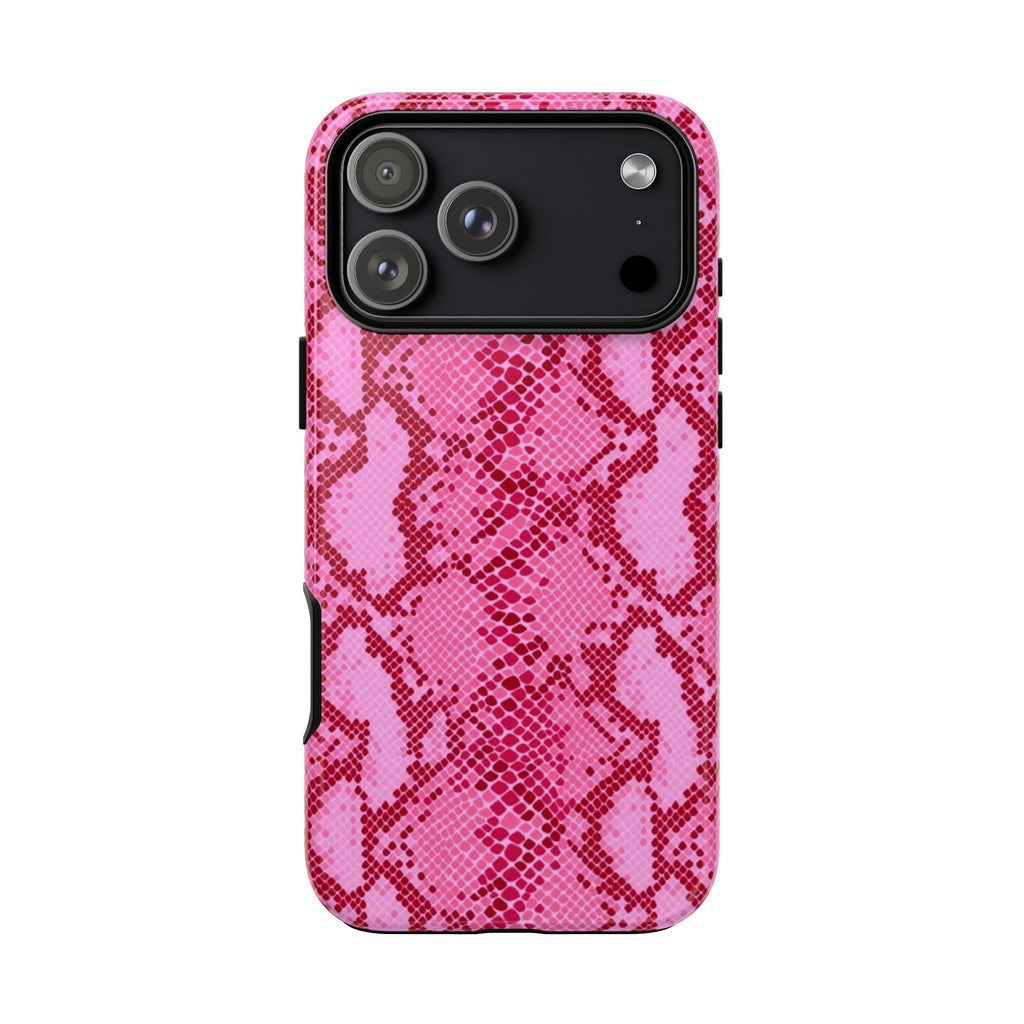 Raspberry python snake print phone case, showing camera openings and smooth back