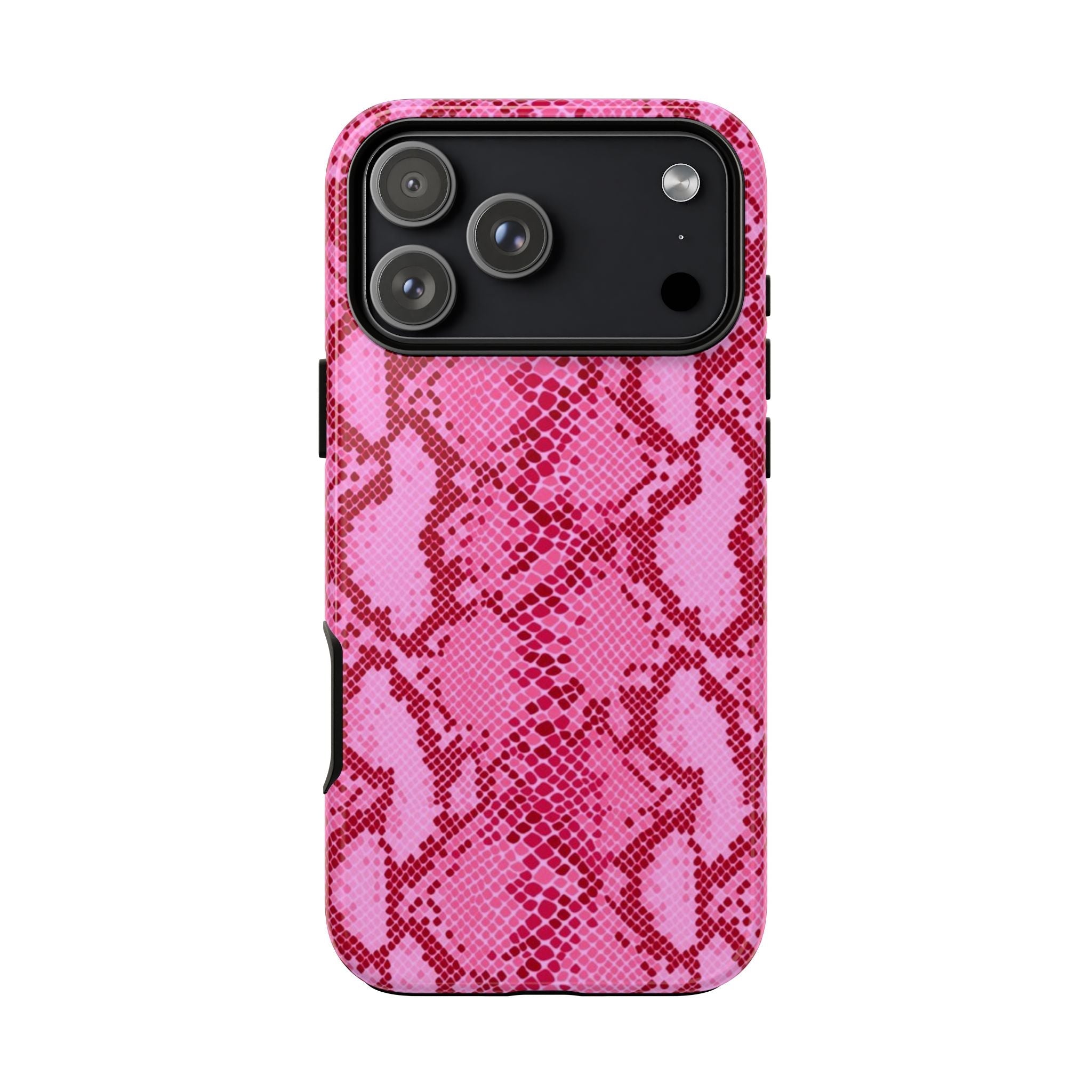 Raspberry python snake print phone case, showing camera openings and smooth back
