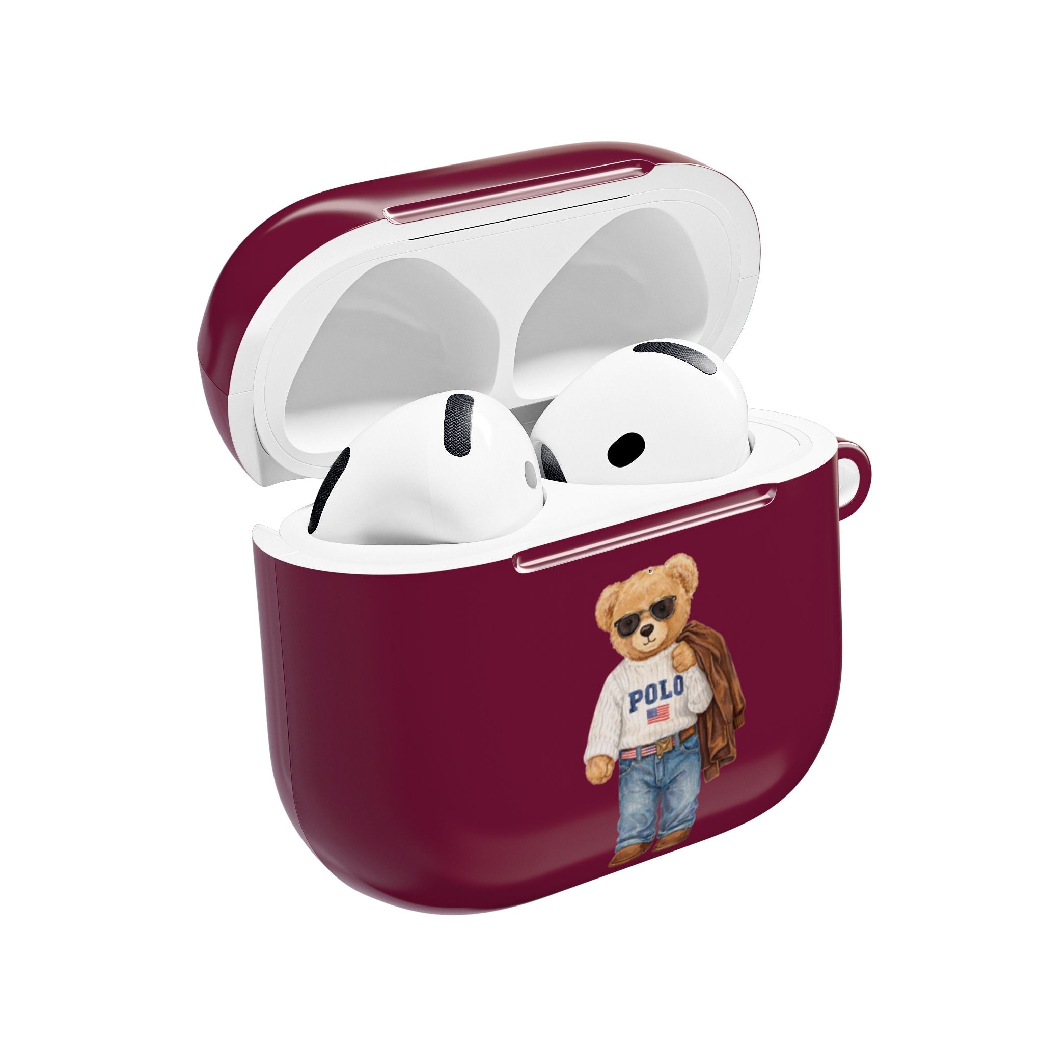 Maroon AirPods case with open lid, teddy bear Polo graphic, and earbuds inside