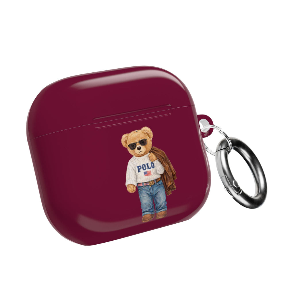 Maroon AirPods case with teddy bear Polo graphic and metal keyring loop