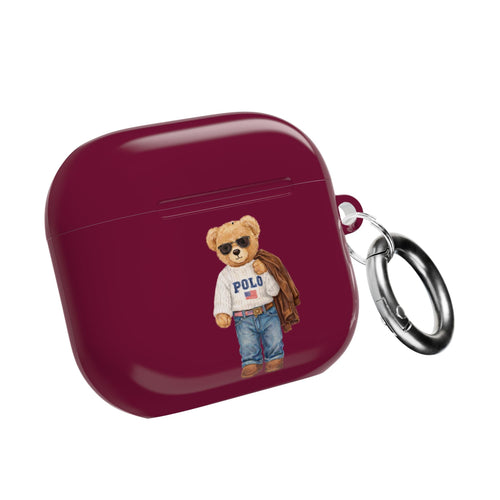 Maroon AirPods case with teddy bear Polo graphic and metal keyring loop