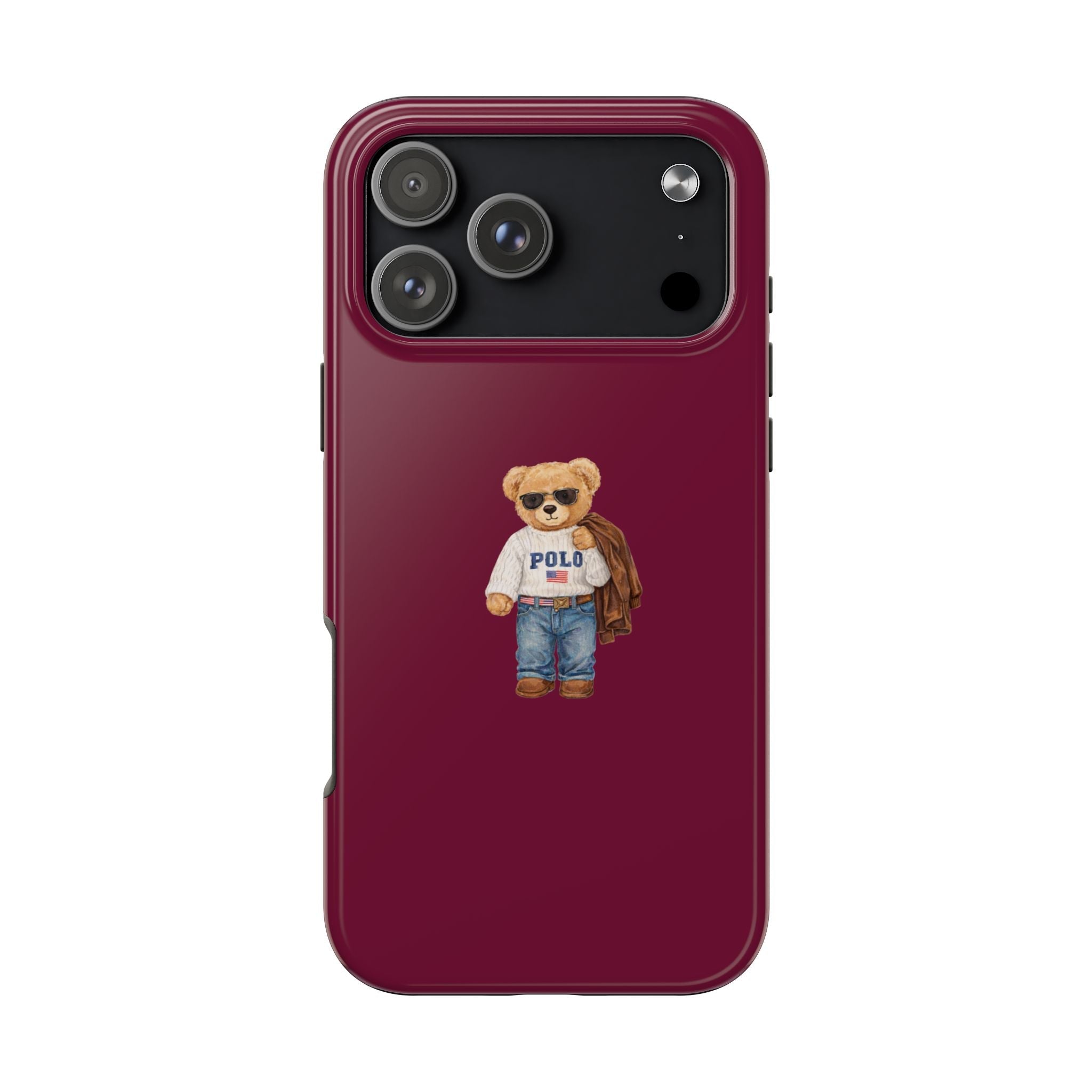 Raspberry polo teddy bear phone case, bear graphic centered on back with camera covers