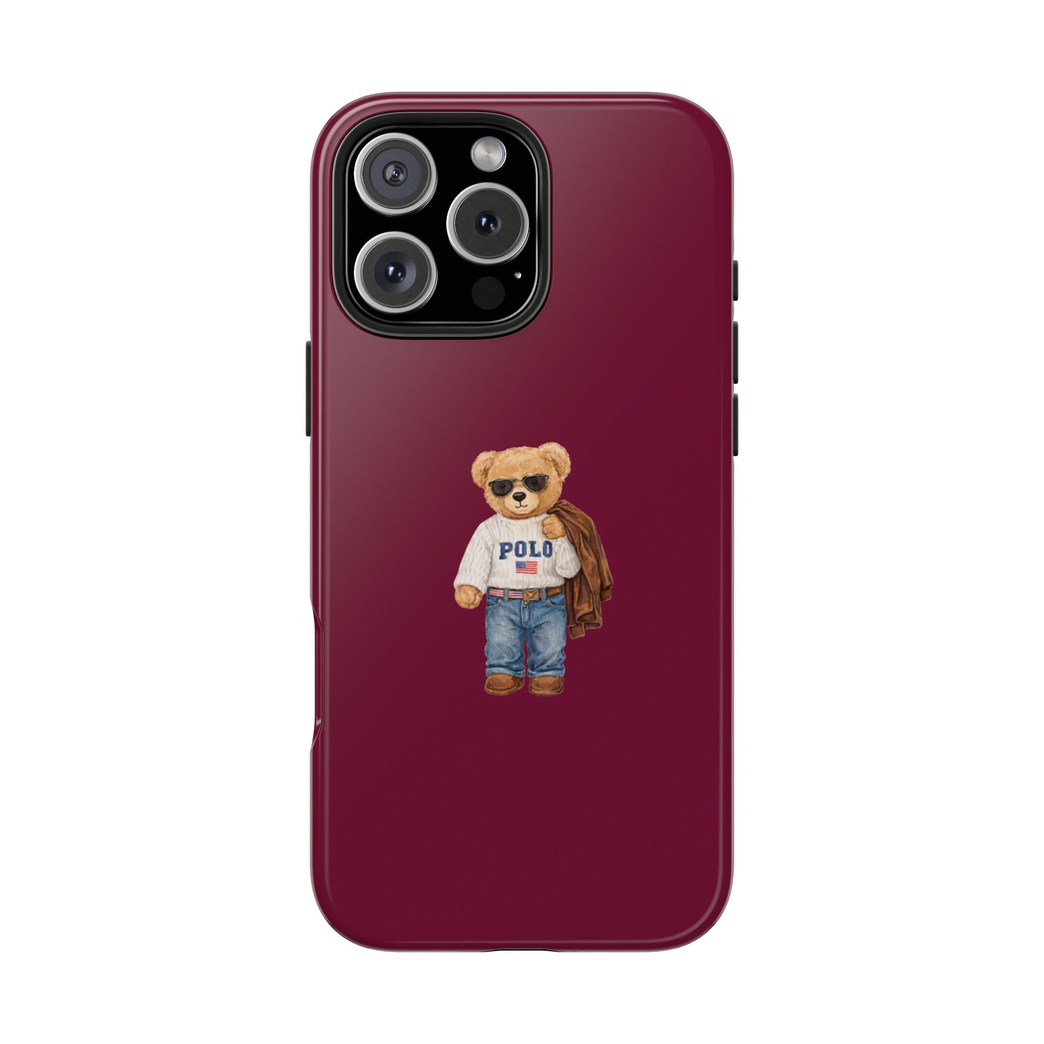 Raspberry polo teddy bear phone case with cute bear graphic on burgundy back