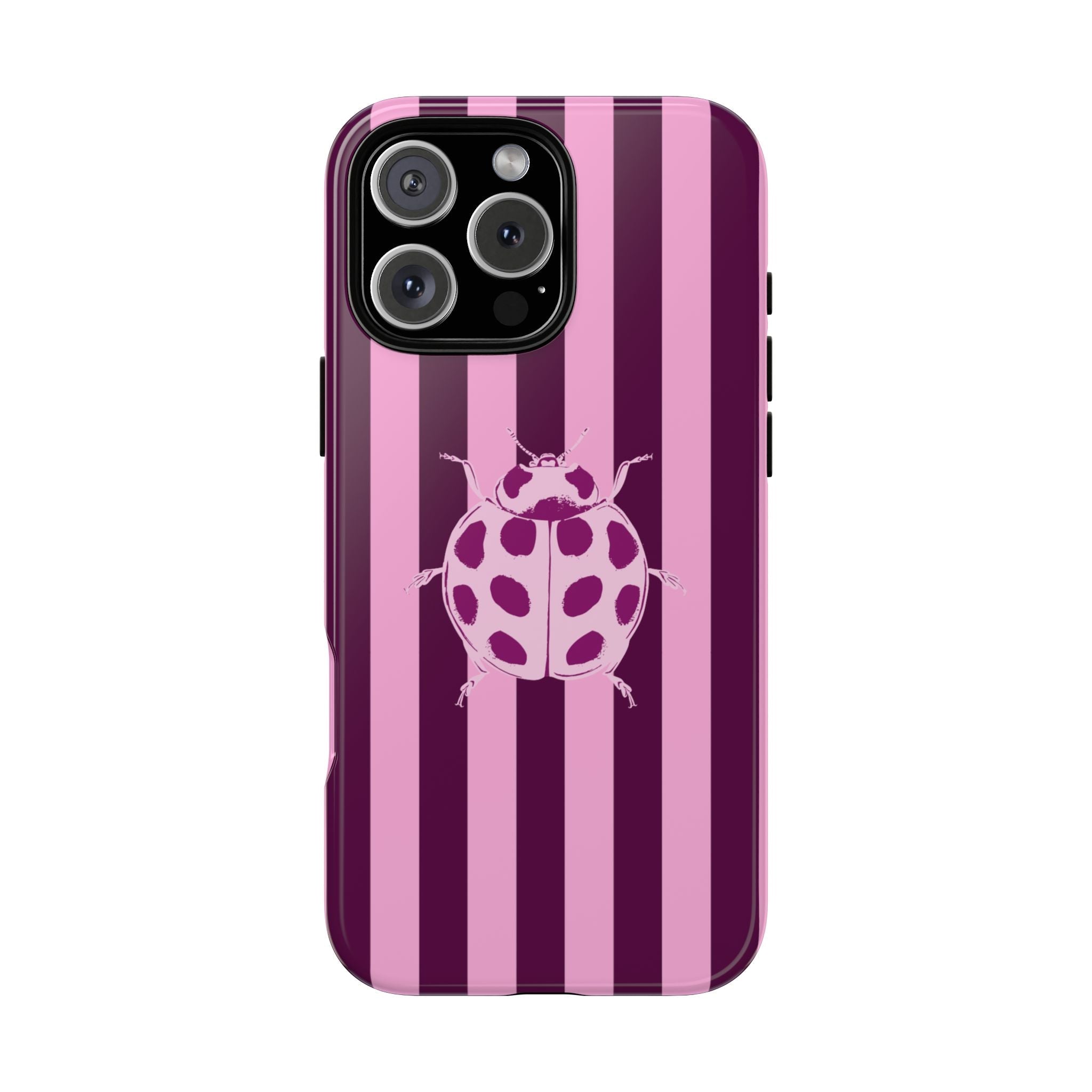 Raspberry striped phone case with white ladybug graphic and camera cutouts