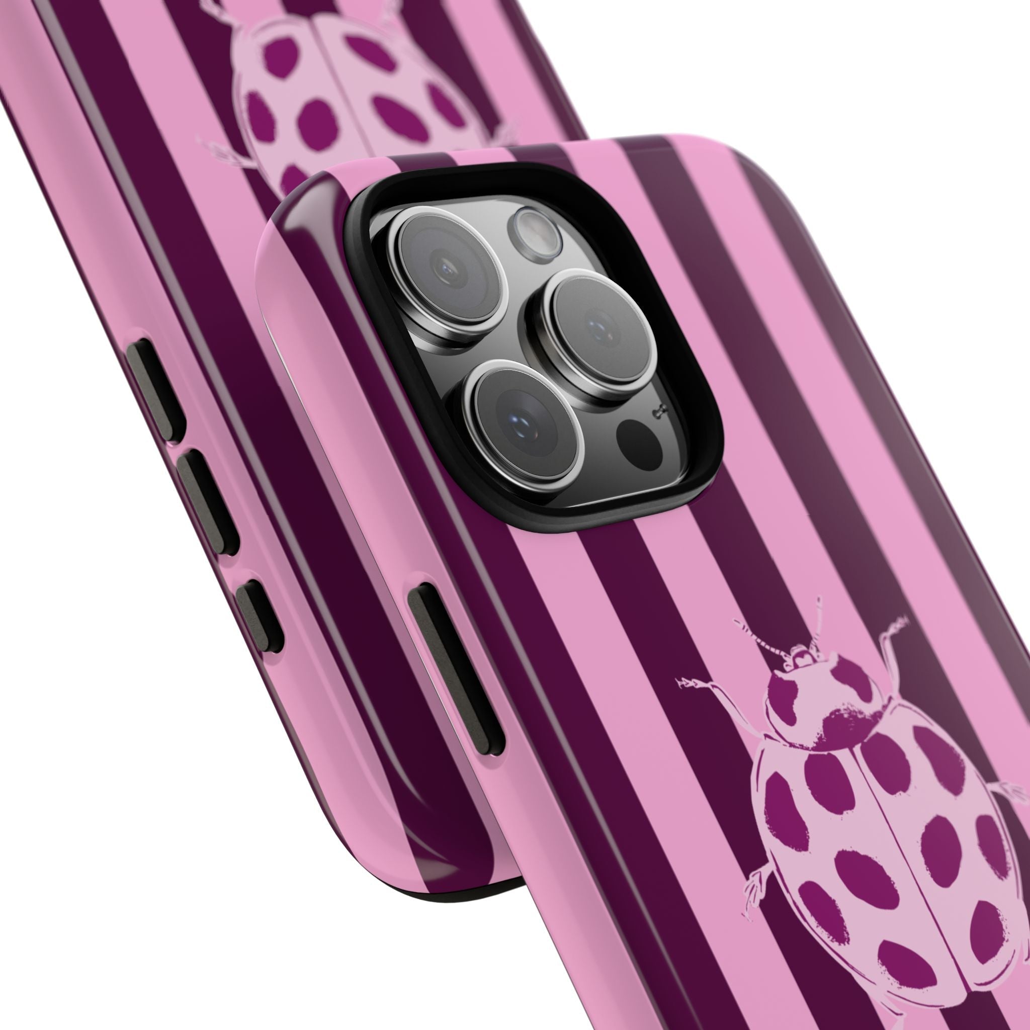 Side view of raspberry striped phone case with ladybug graphic and camera lens cutouts