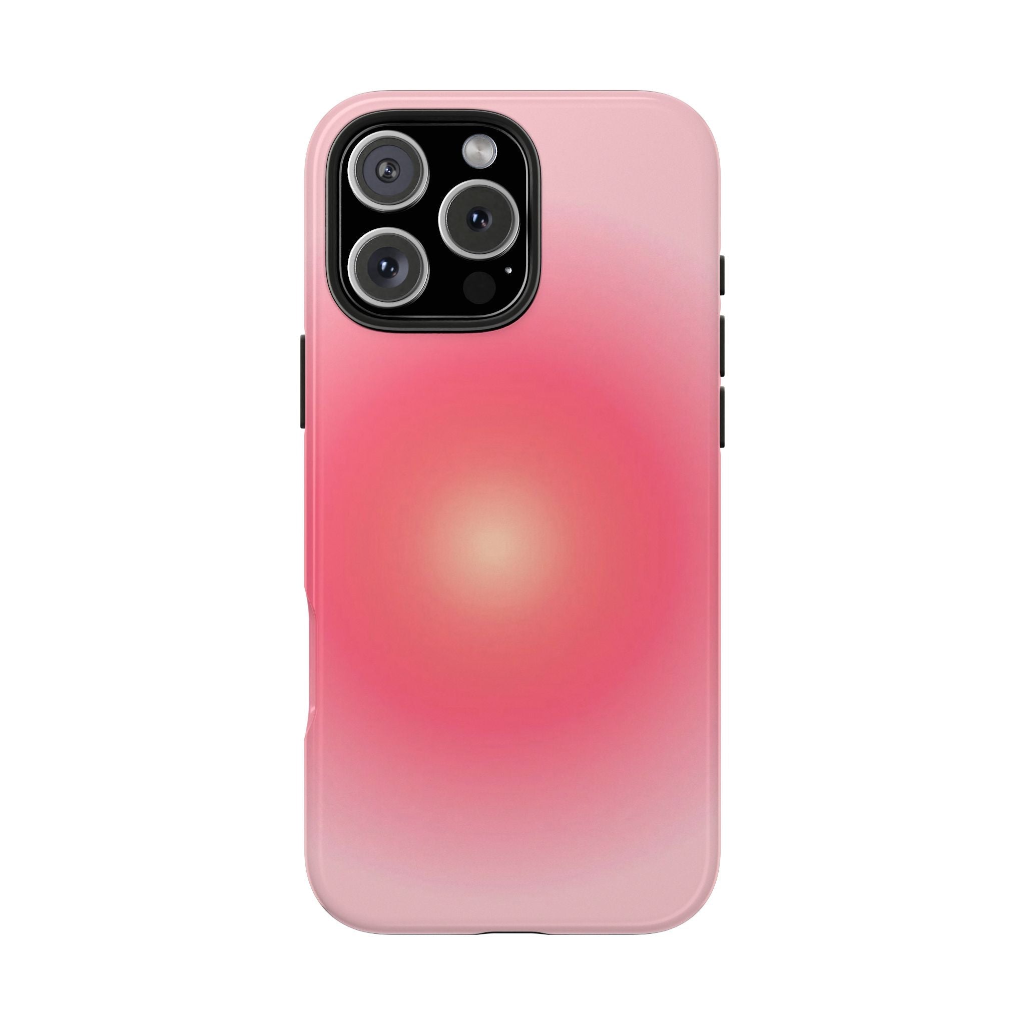 Red aura gradient phone case, pink-to-red glow, camera cutout with raised rim