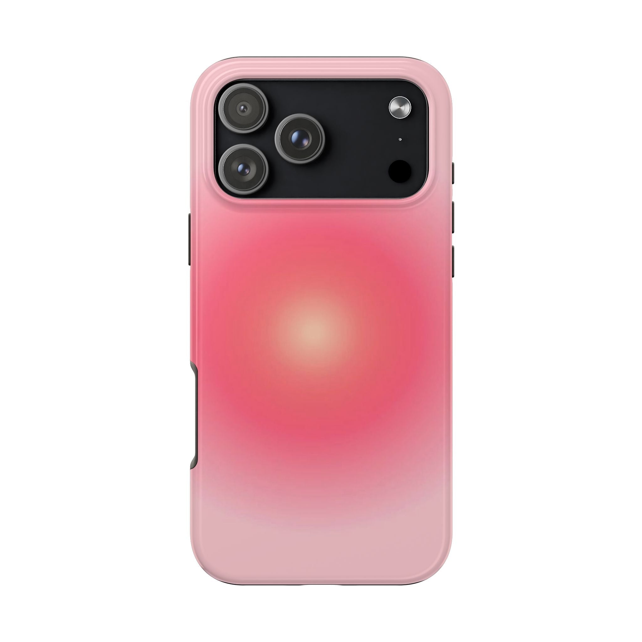 Pink and red aura phone case with camera cutout and protective raised bezel