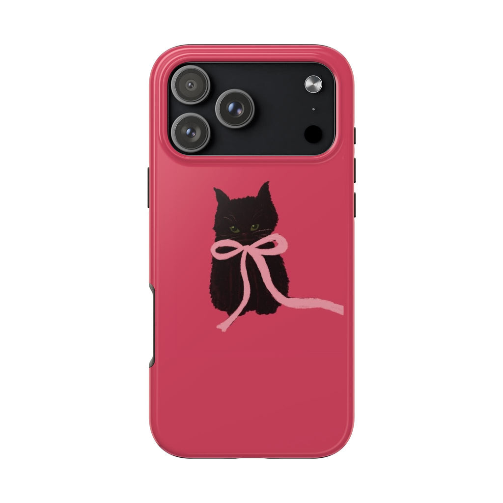 Red phone case with black cat wearing pink bow, camera cutouts visible