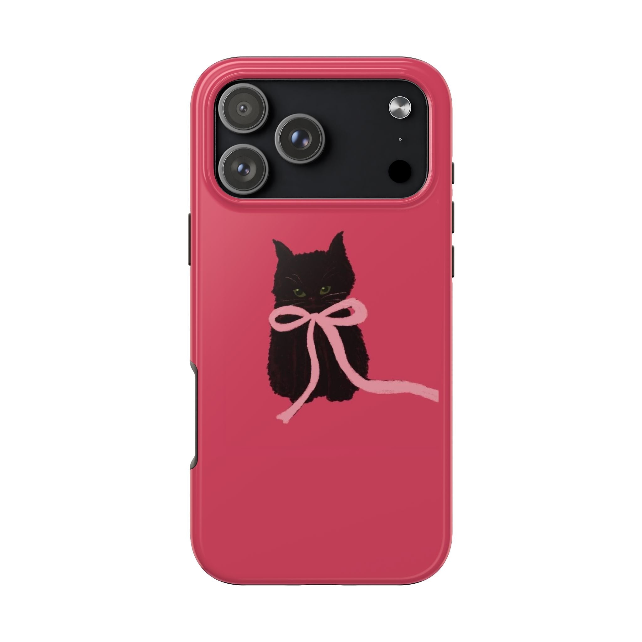 Red phone case with black cat wearing pink bow, camera cutouts visible