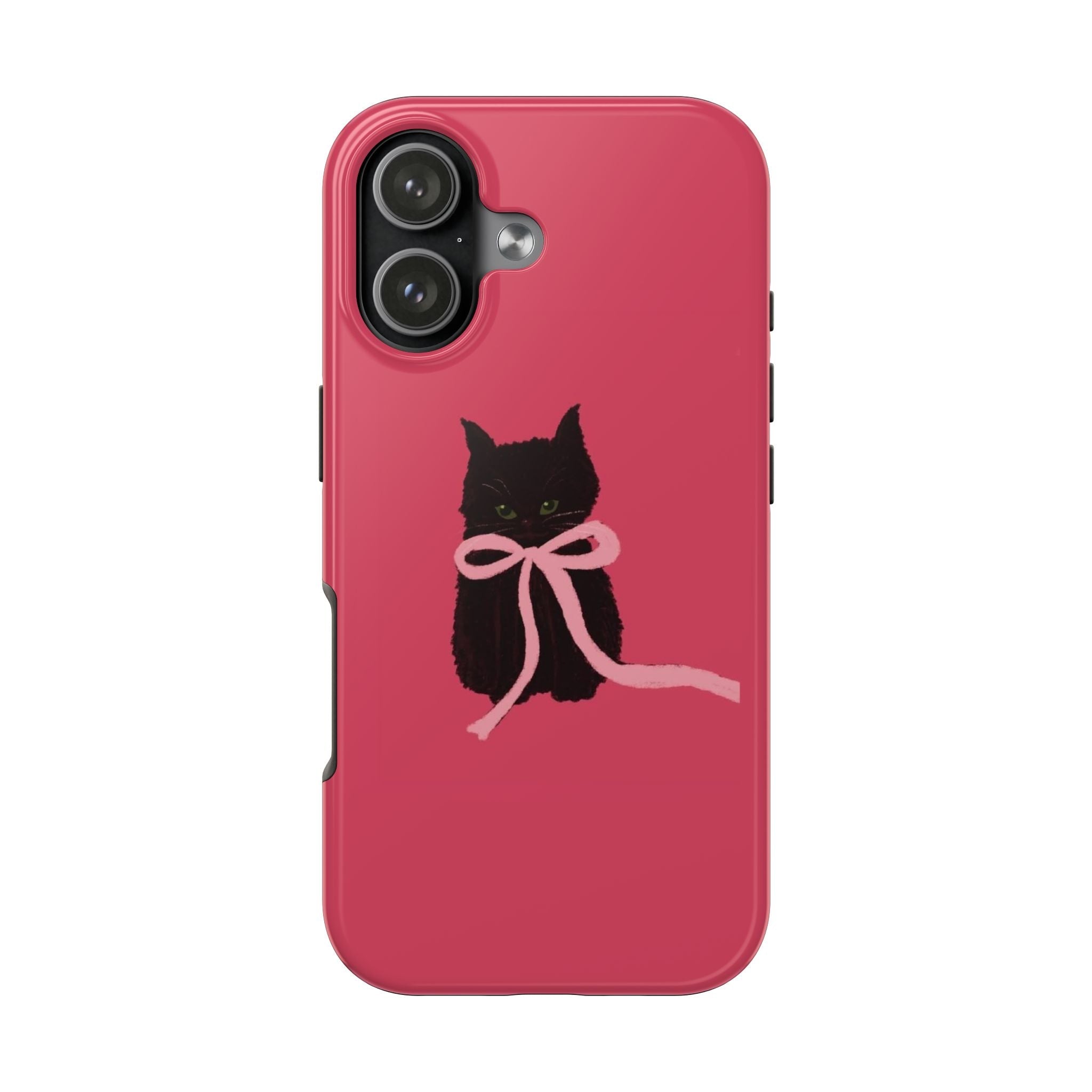 Red phone case with black cat and pink ribbon bow, raised camera bump