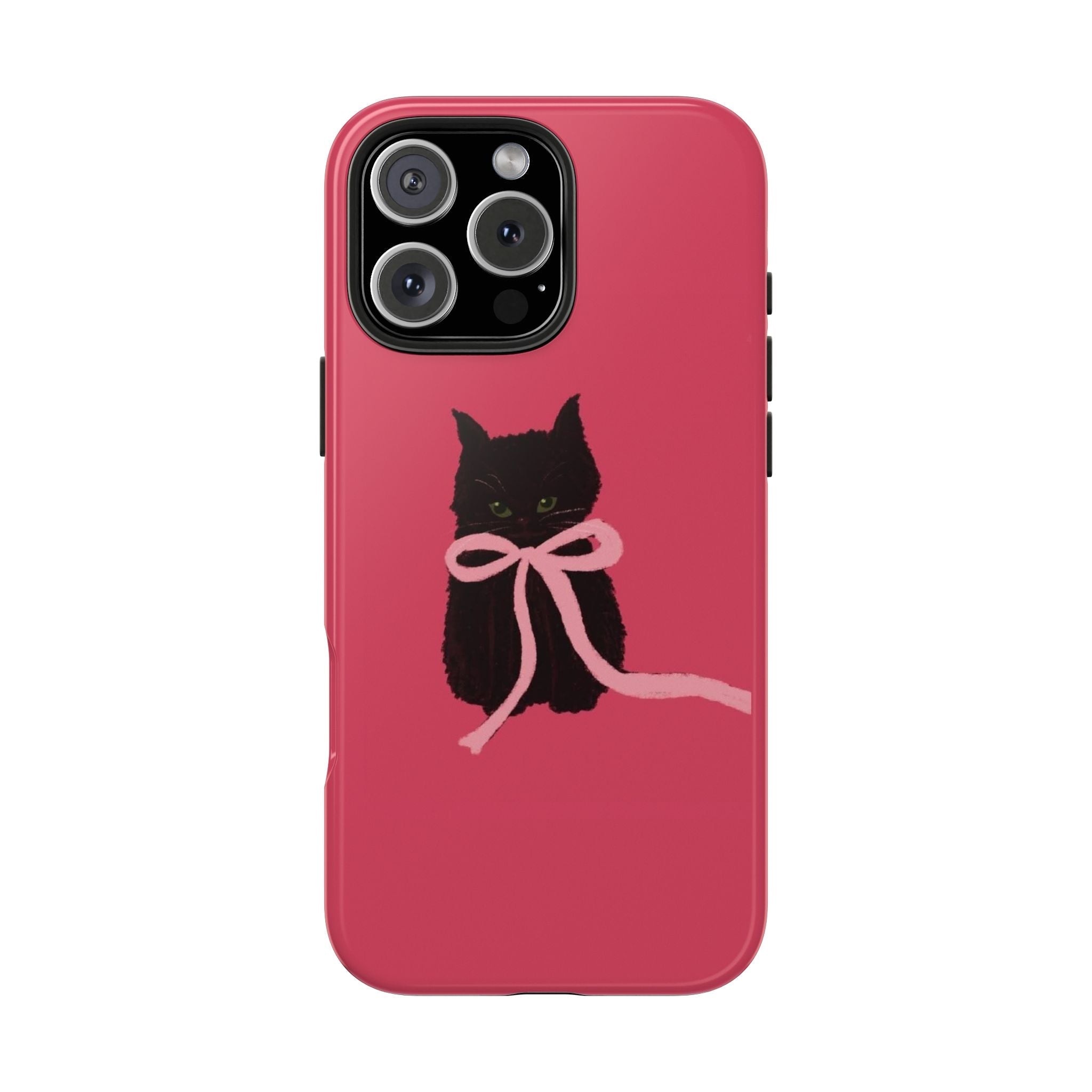 Red phone case back with black cat and pink bow design, camera lens cutout