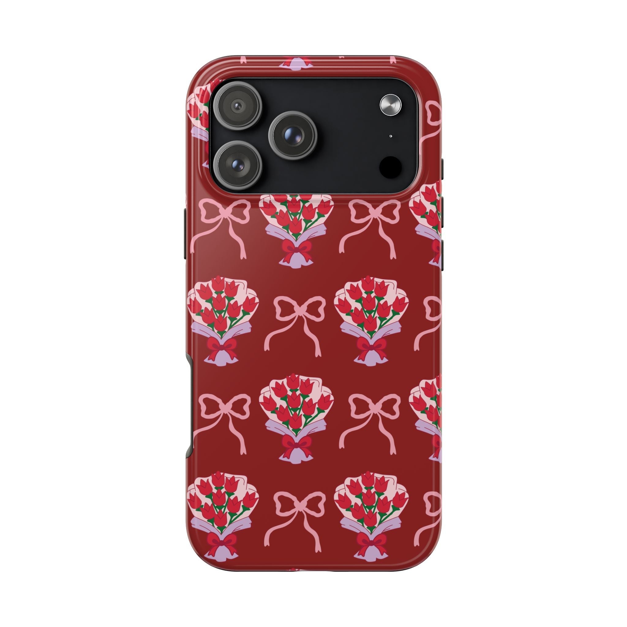 Red phone case back with repeating bouquets and ribbon bow pattern