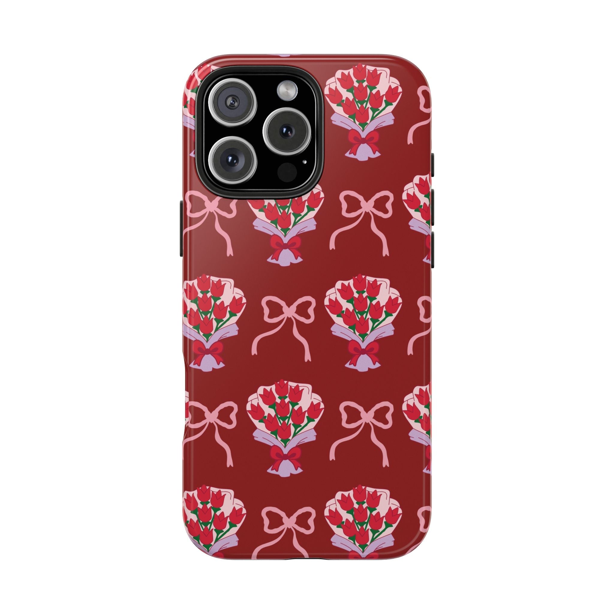 Red phone case with bouquet-and-bow pattern and camera cutout
