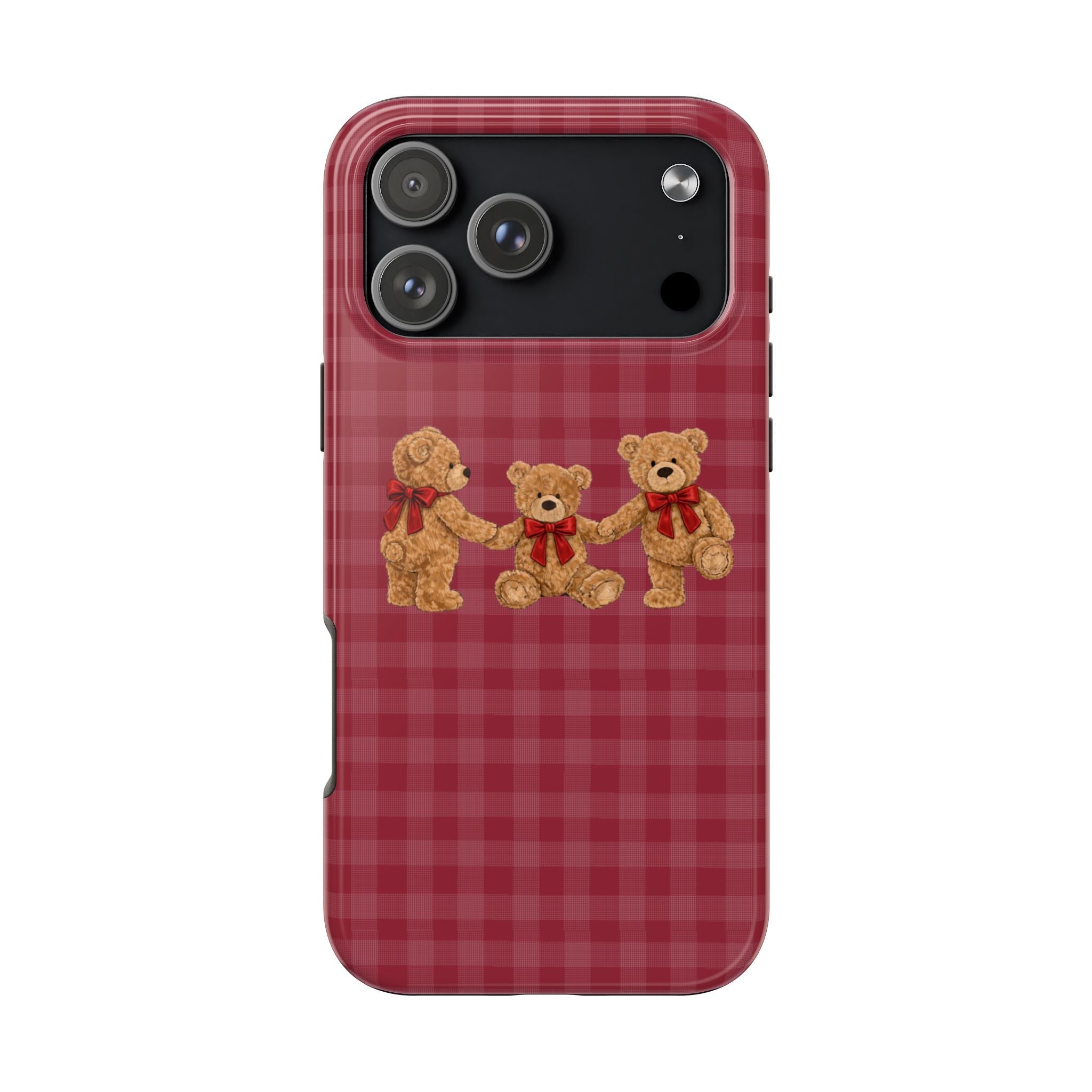Red plaid phone case with three teddy bears wearing red bows and camera cutouts