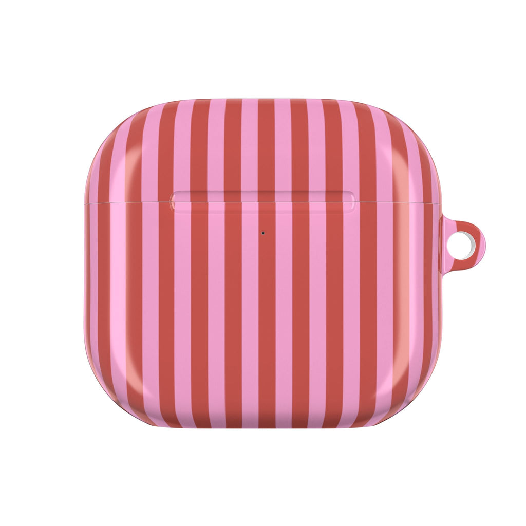 Closed candy-cane striped AirPod case with small side loop.