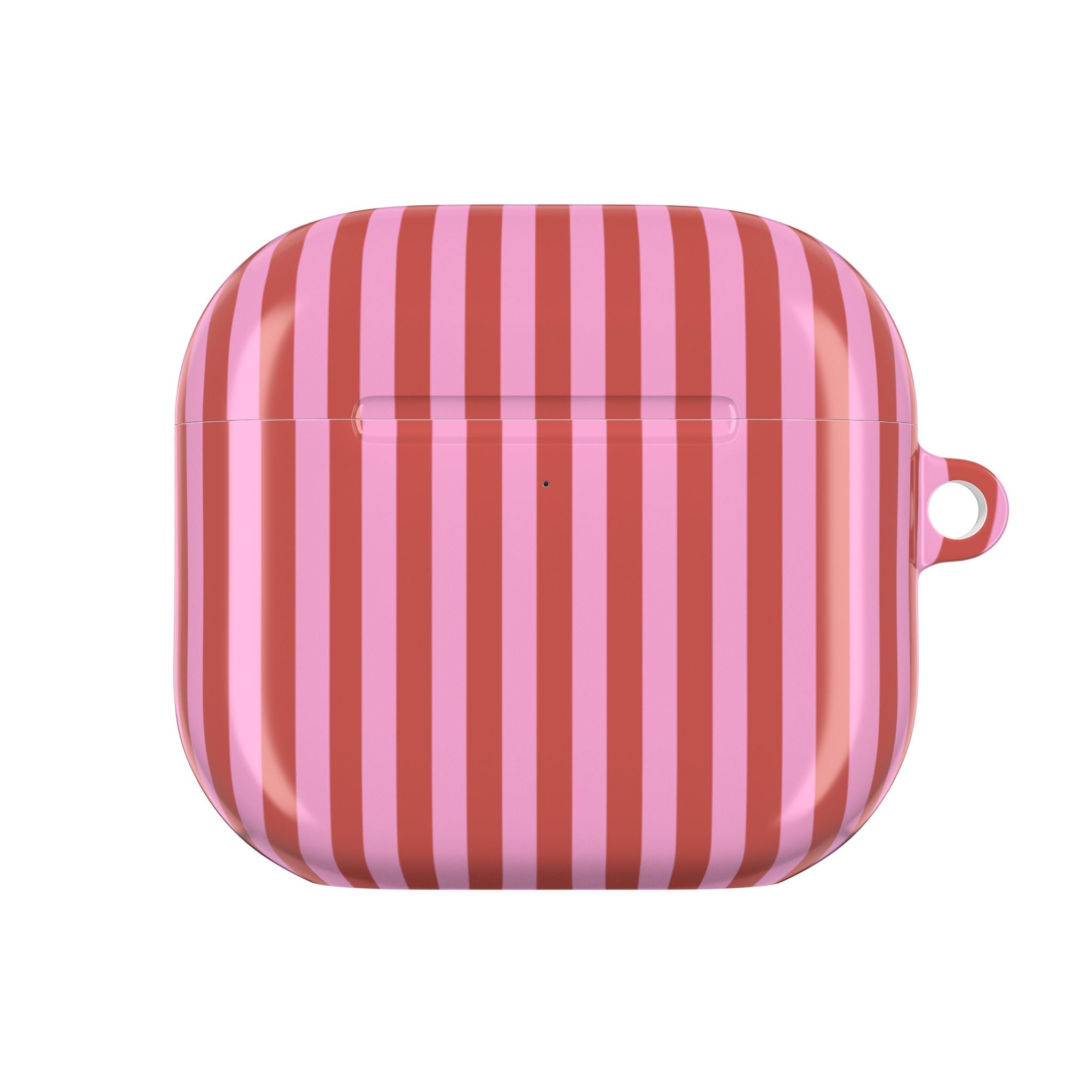 Closed candy-cane striped AirPod case with small side loop.