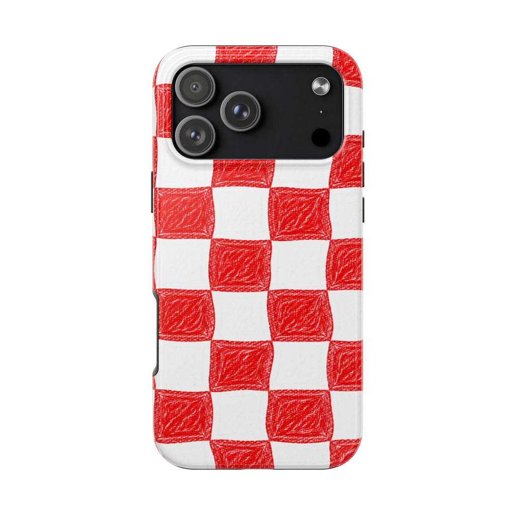Red-and-white checkered phone case with camera lenses visible through cutouts